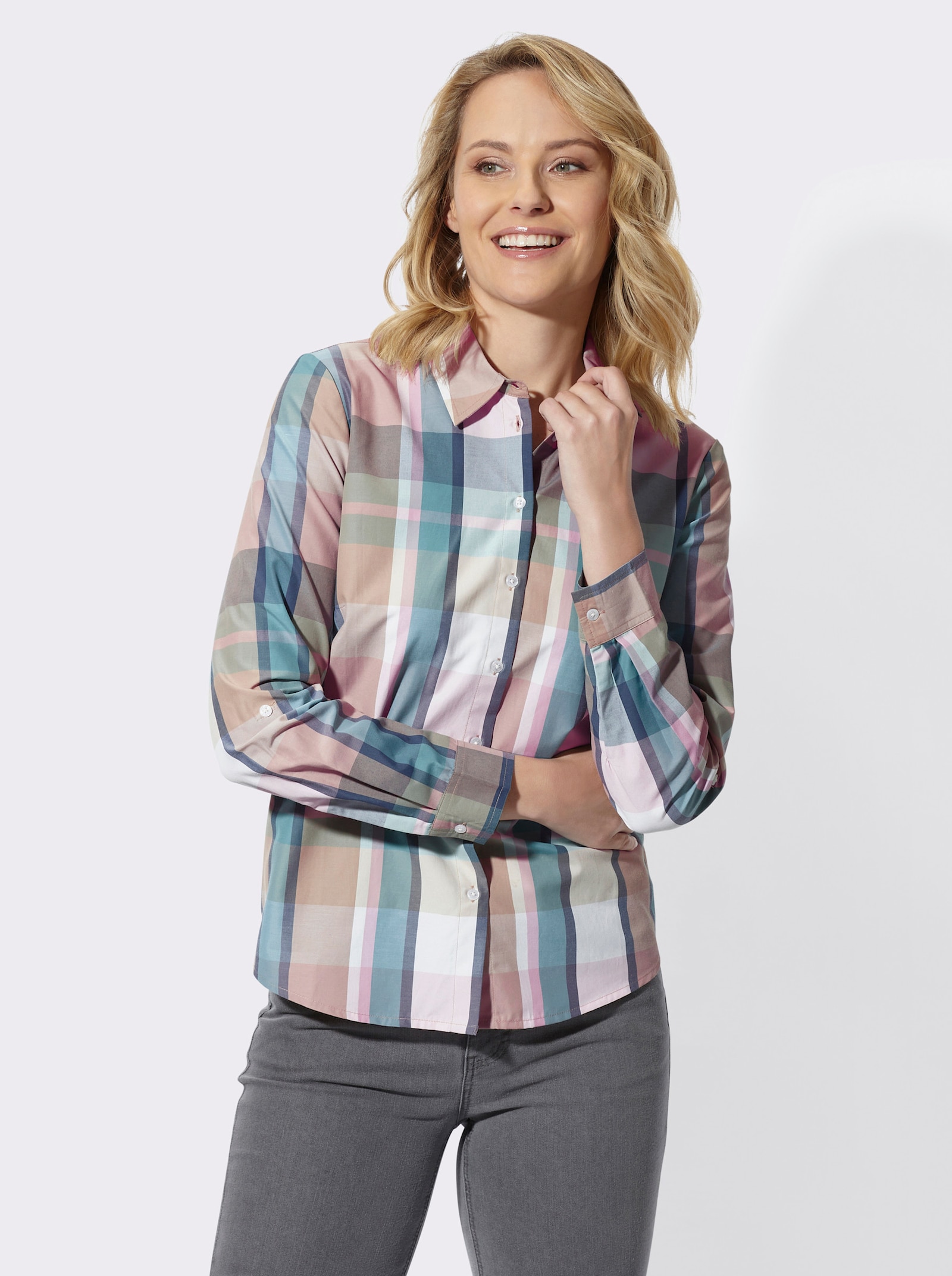 Karobluse mit Krempelärmeln - jade-hortensie-kariert