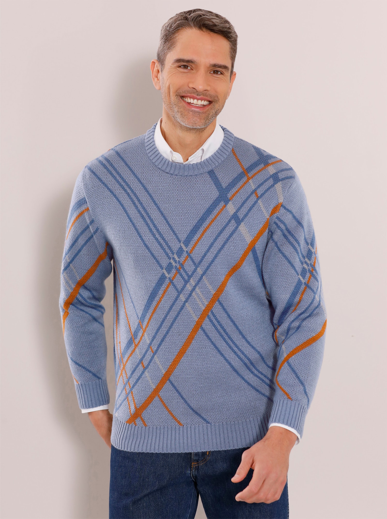 Pullover met ronde hals - duifblauw/cognac gedessineerd
