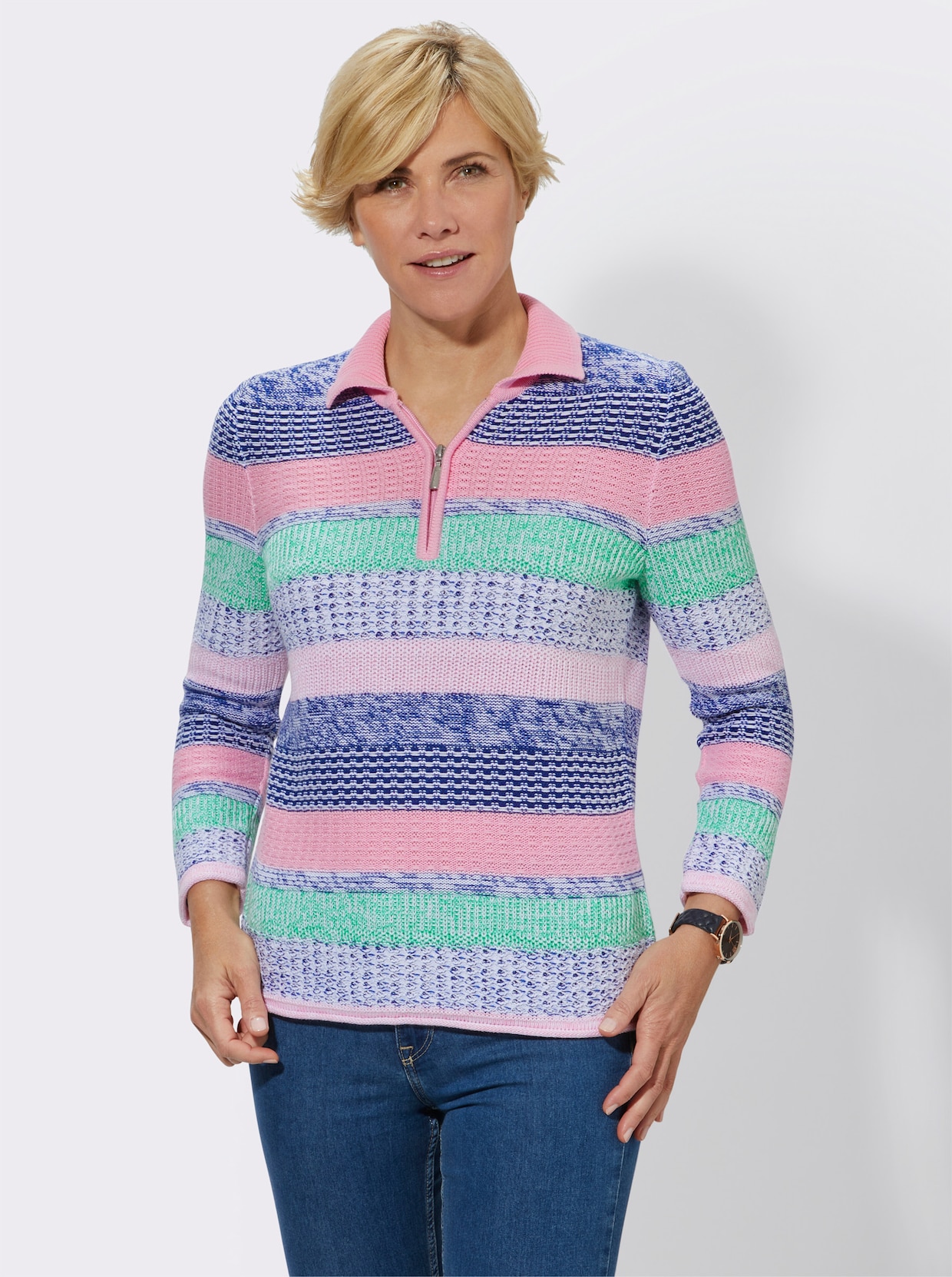 Polopullover - rosé-blau-gemustert