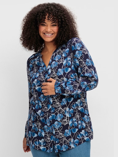 sheego Druckbluse mit Spitzenborten - marine-gemustert