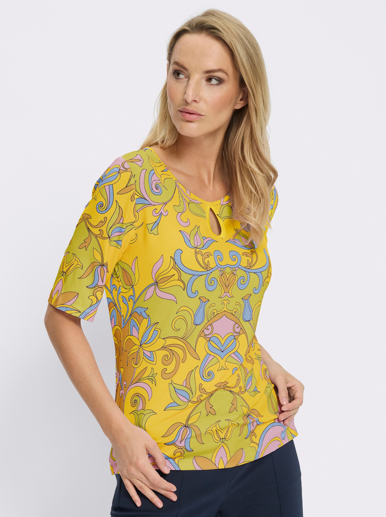 heine Kurzarmshirt mit Cut-outs - sonnengelb-limone-bedruckt