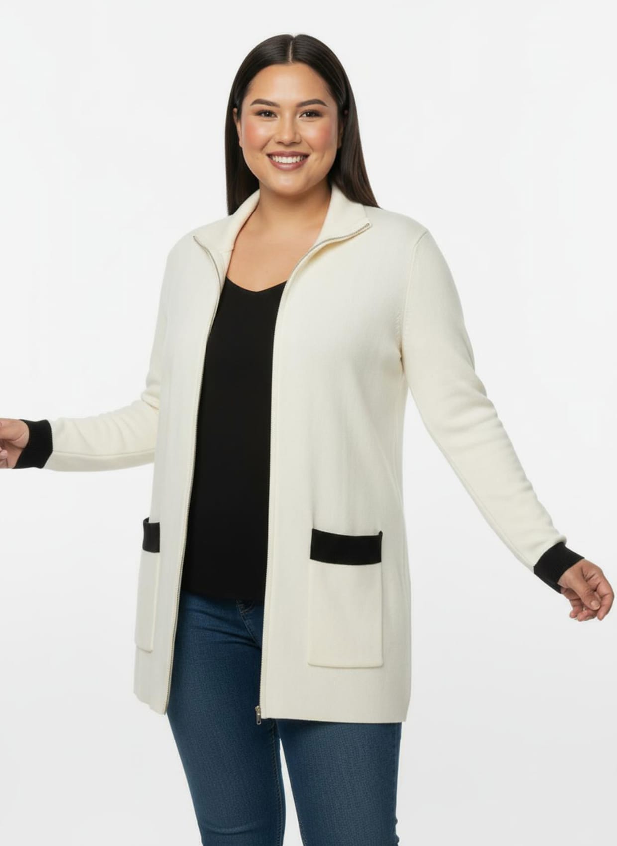 Longstrickjacke mit Reißverschluss - ecru-schwarz