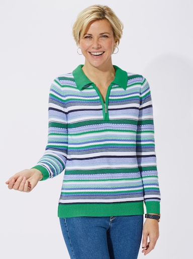 Langarm-Pullover mit Struktur- und Ajourmuster-Mix - grün-blau-geringelt