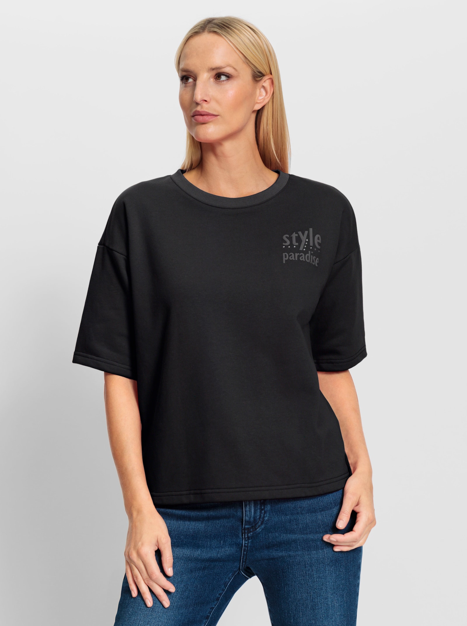heine Sweatshirt mit Schriftzug und Glitzersteinchen - schwarz