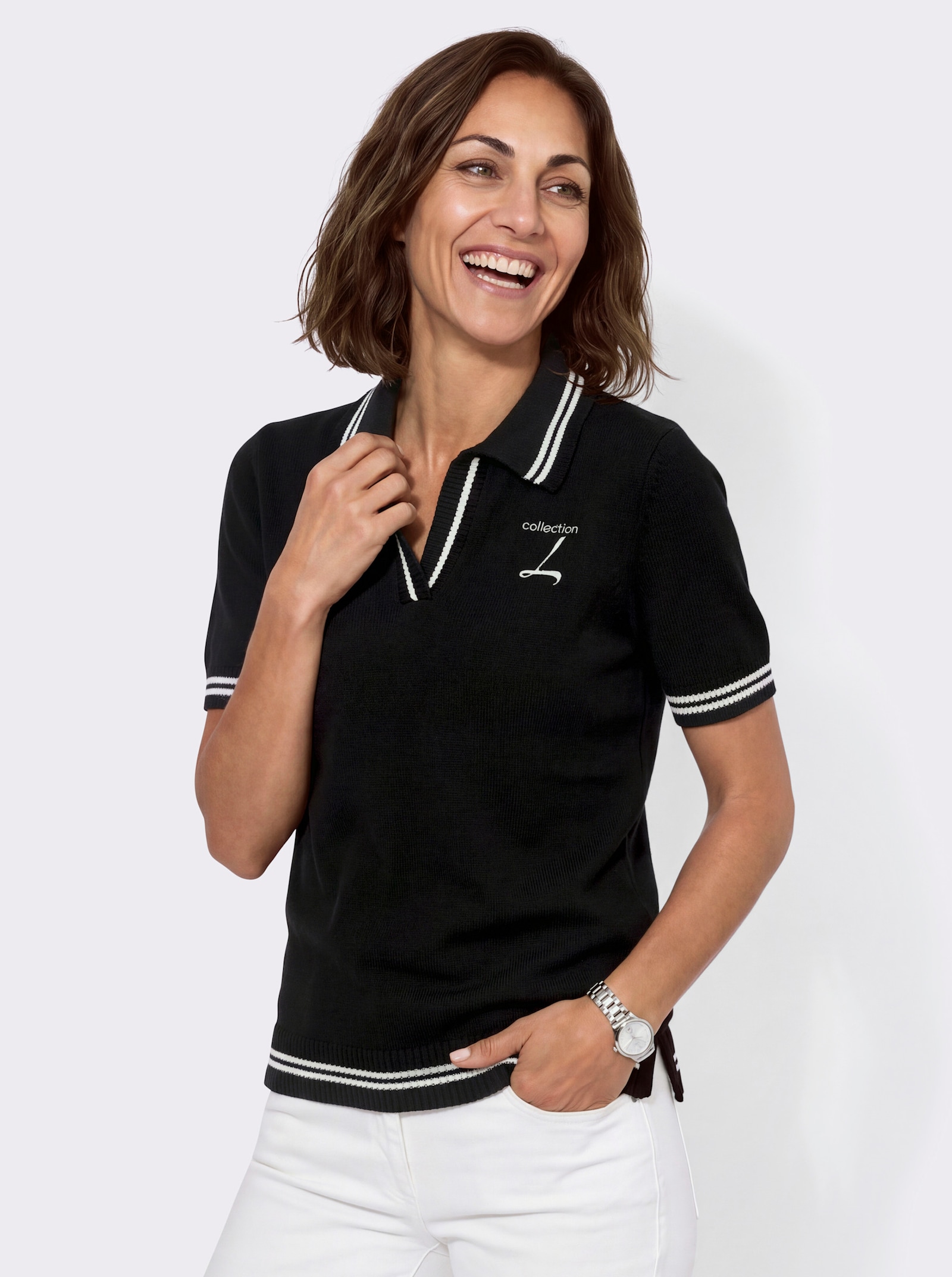 Polopullover mit Seitenschlitzen - schwarz-ecru-geringelt