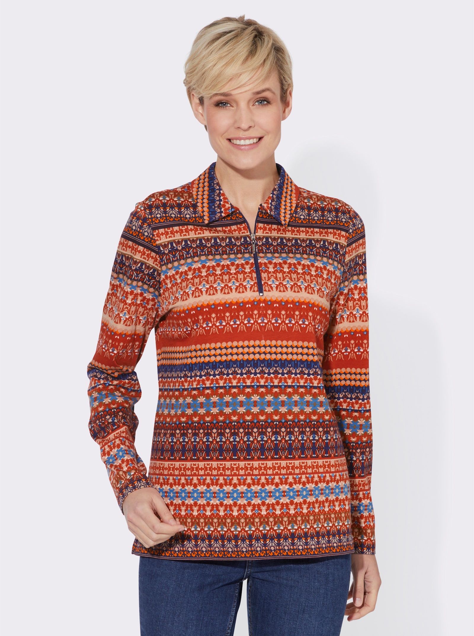 Langarmshirt mit kurzem Reißverschluss - rostrot-rauchblau-gemustert