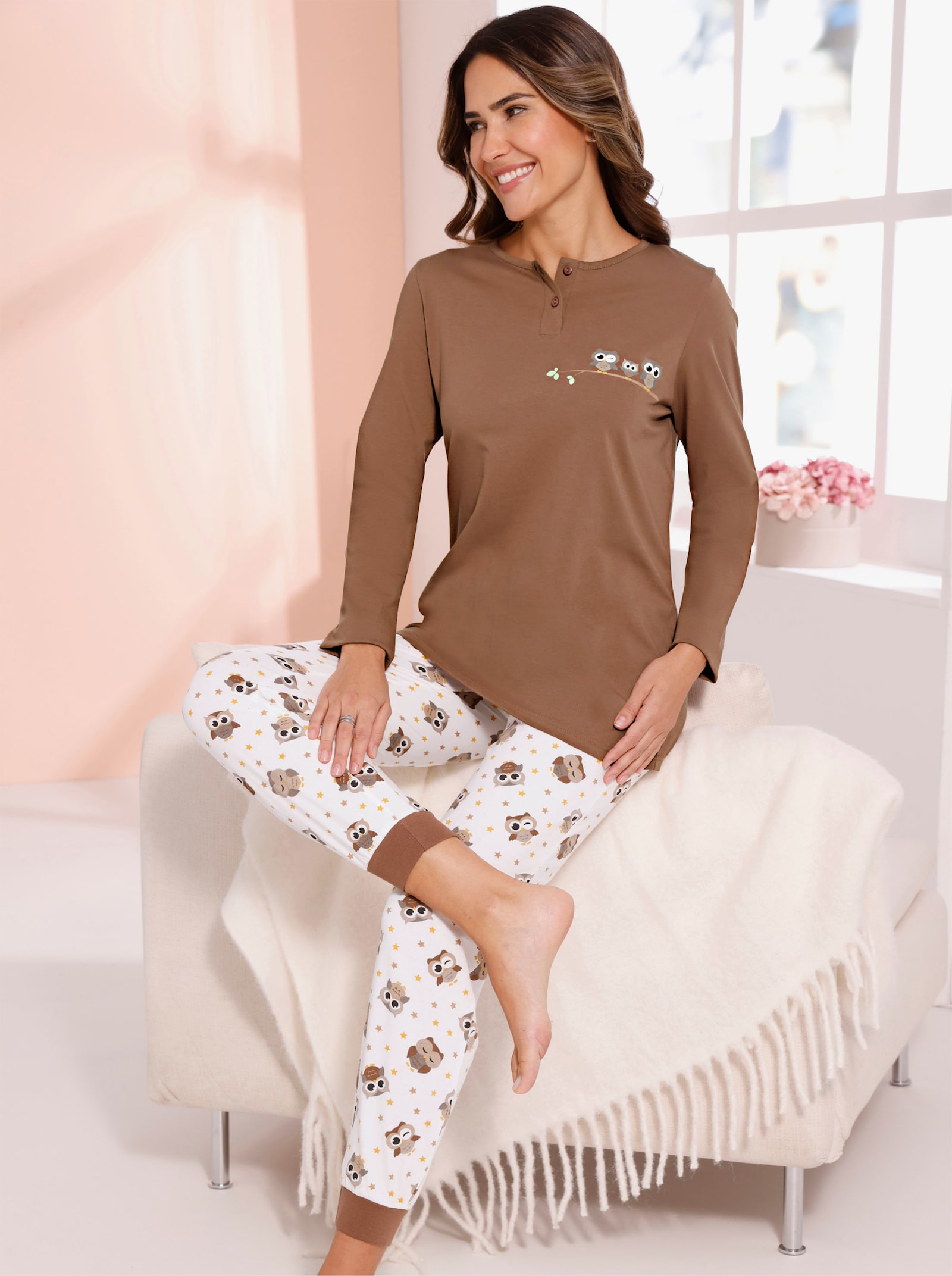 Schlafanzug Hose allover mit Eulen-Druck - braun-ecru-bedruckt