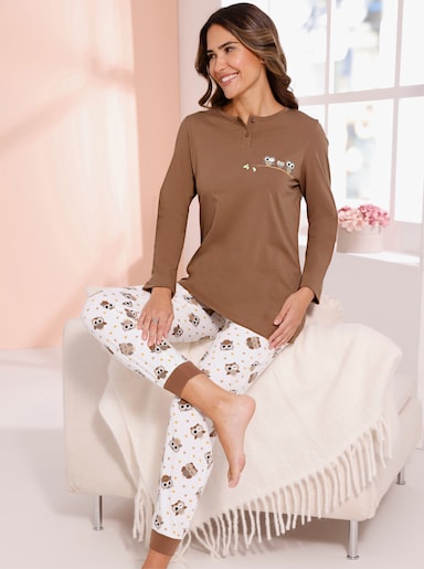 Schlafanzug Hose allover mit Eulen-Druck - braun-ecru-bedruckt