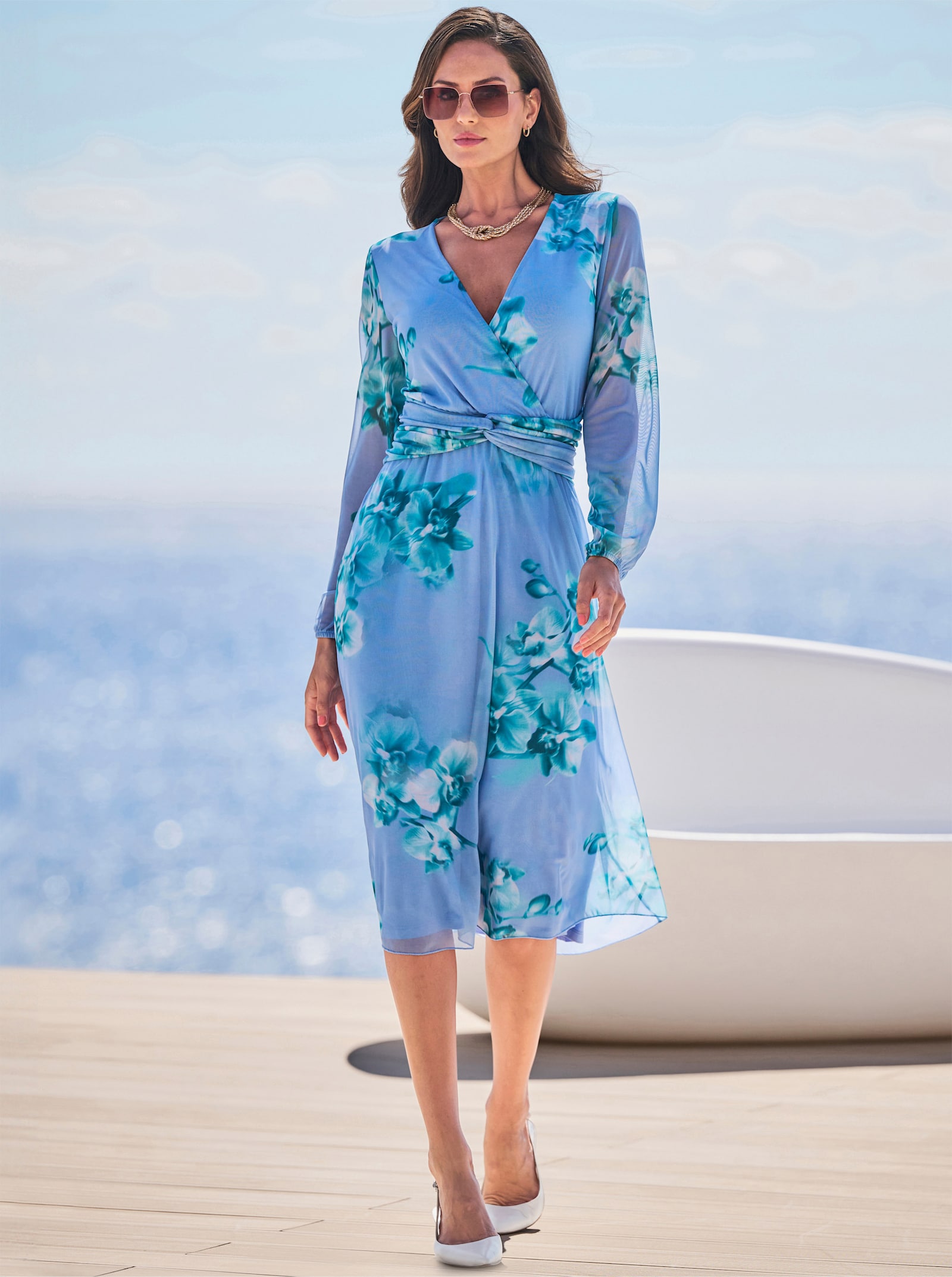 heine Jurk met print in wikkellook - hemelsblauw/blauwgroen bedrukt