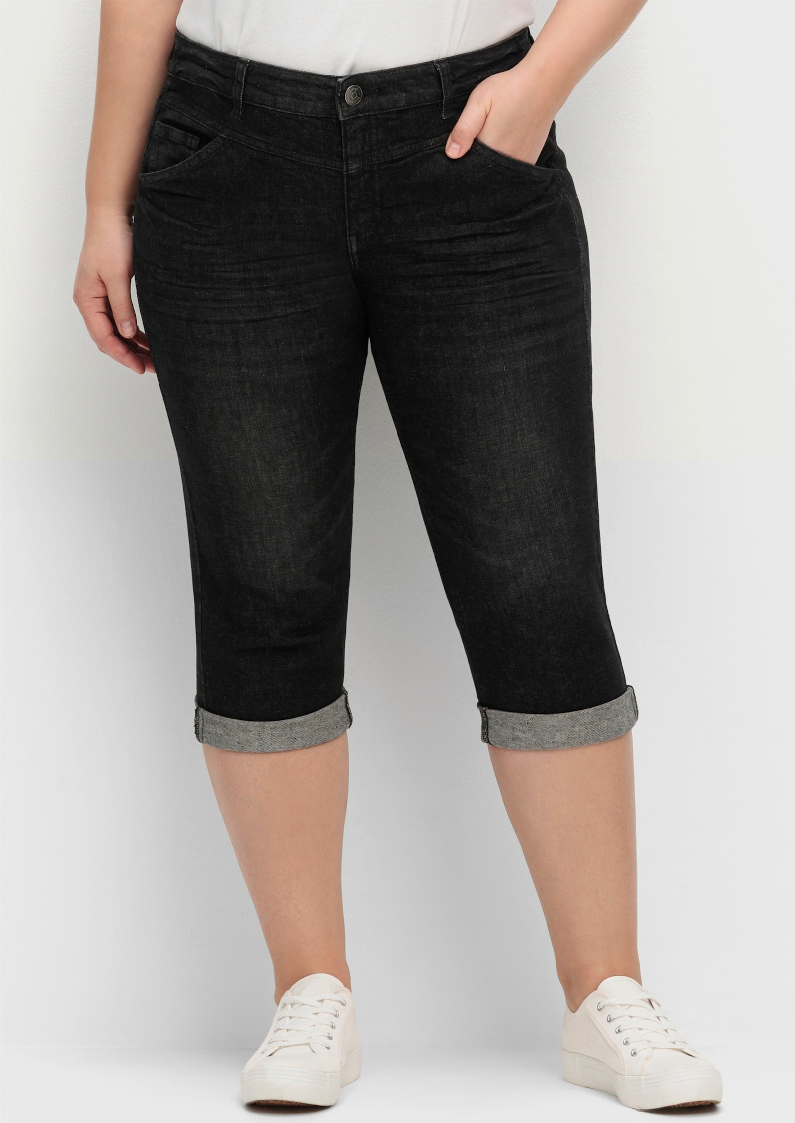 sheego Capri-jeans met used-effecten - black denim