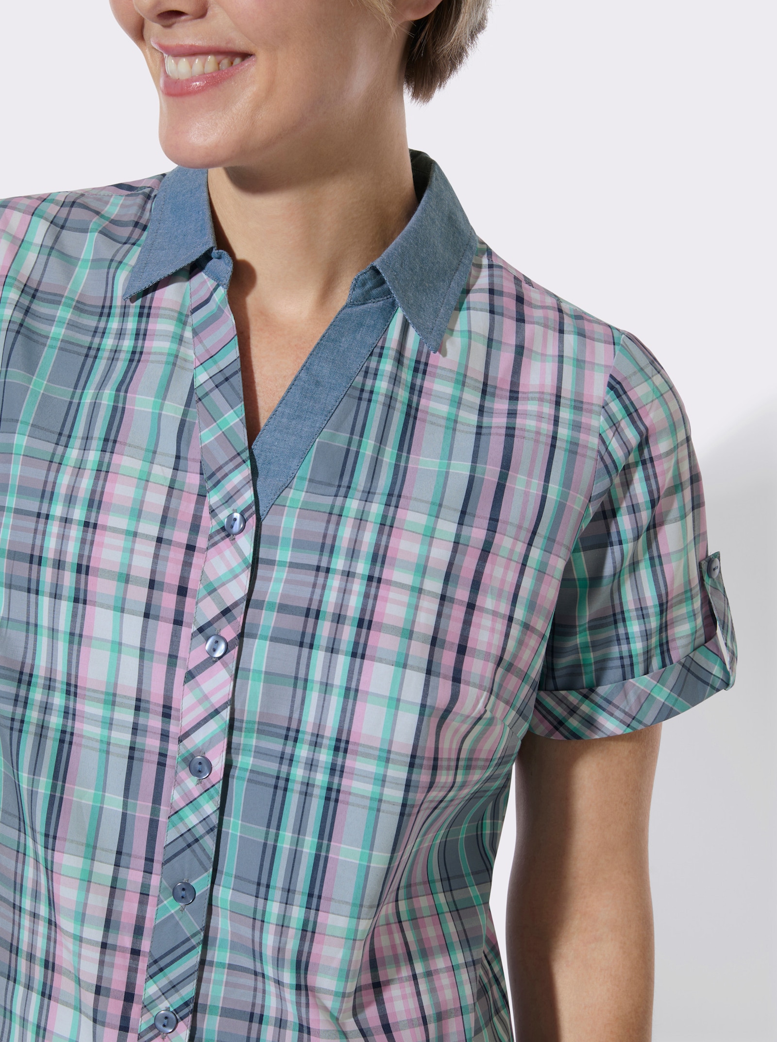 Karobluse mit abgerundetem Saum - taubenblau-orchidee-kariert