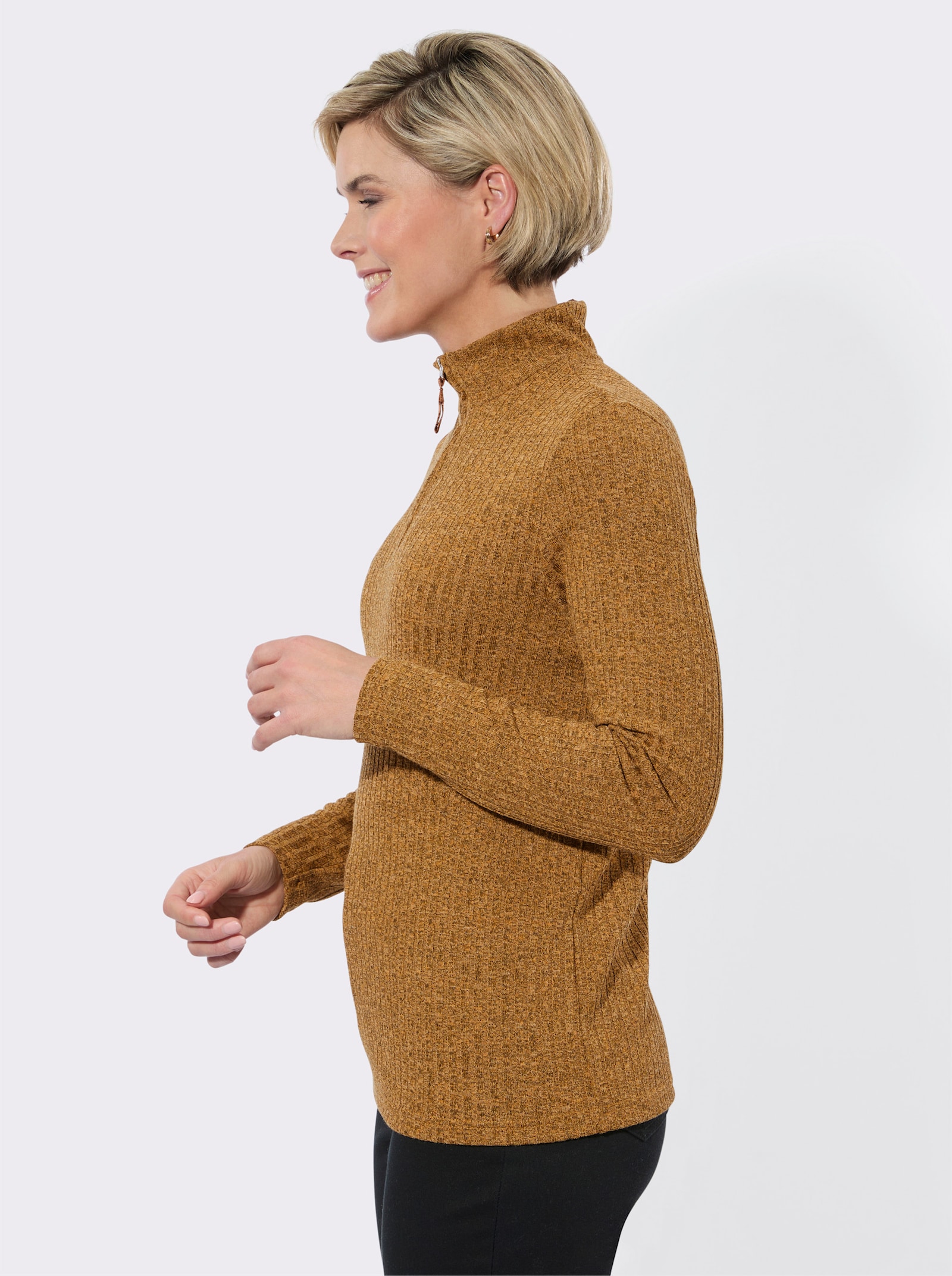 Rippshirt mit Troyerkragen - ocker-meliert