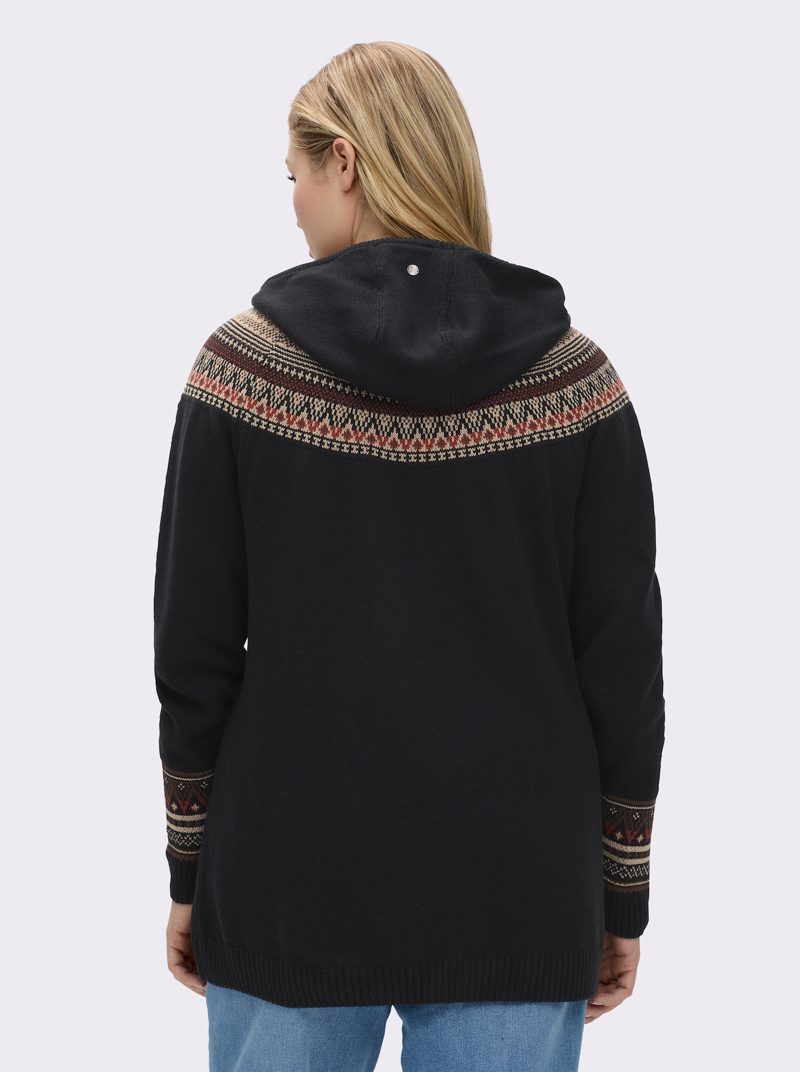 sheego Kapuzenpullover mit Jacquardmuster - schwarz-beige-gemustert