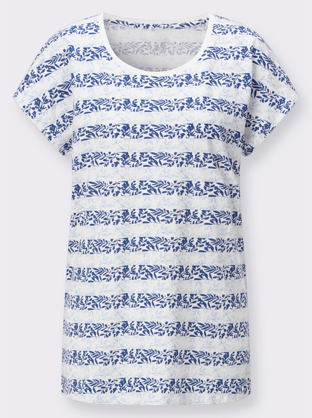 Kurzarmshirt mit floralem Streifendruck - ecru-royalblau-bedruckt