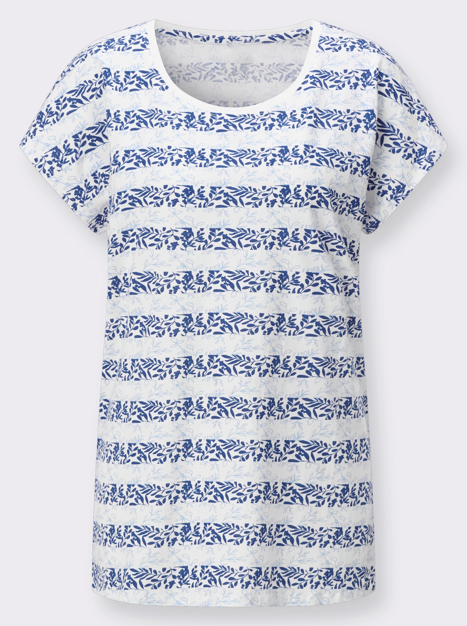 Kurzarmshirt mit floralem Streifendruck - ecru-royalblau-bedruckt