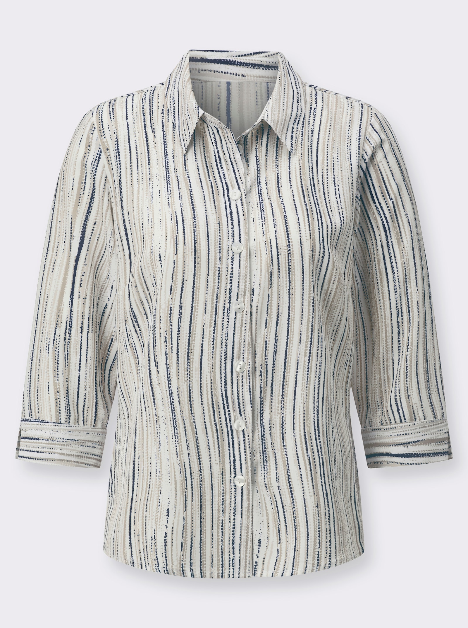 Gestreepte blouse met afgeronde zoom - zand/ecru bedrukt