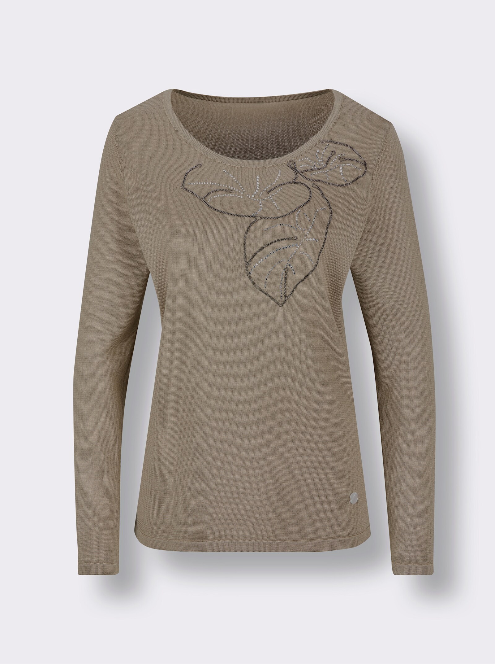 CREATION L PREMIUM Rundhalspullover mit Metallkettchen-Applikation - schlamm