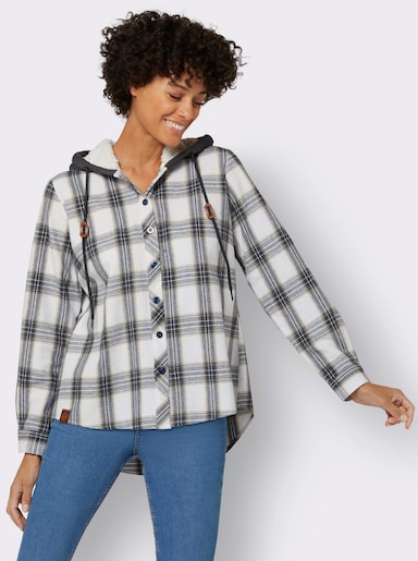 Flanellbluse mit Kapuze - weiß-dunkelblau-kariert