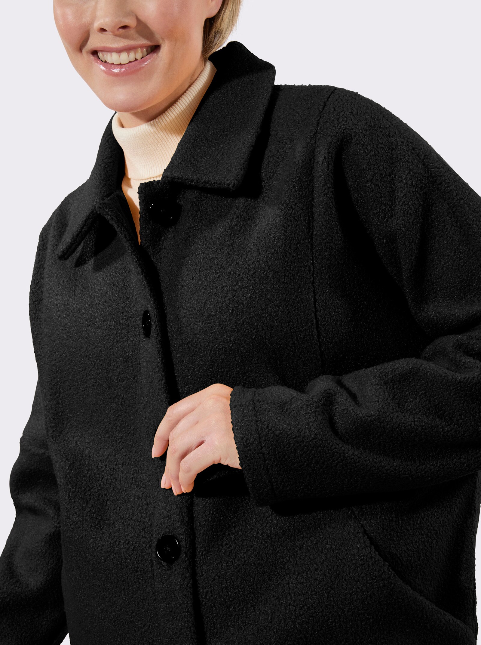 Longjacke mit Fledermausärmeln, Bouclé-Qualität - schwarz