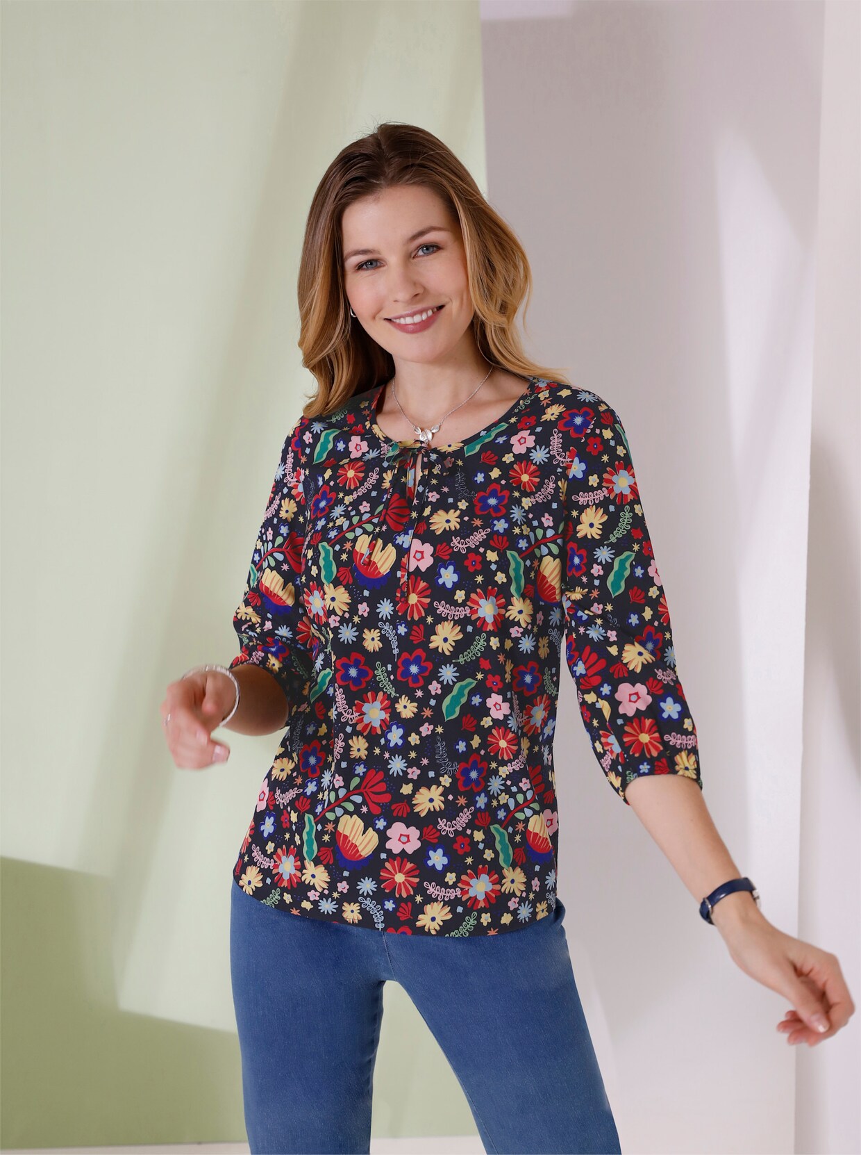 Crêpeblouse - marine geprint