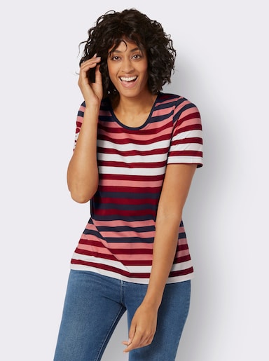 Kurzarmshirt mit garngefärbtem Muster - rot-marine-gestreift