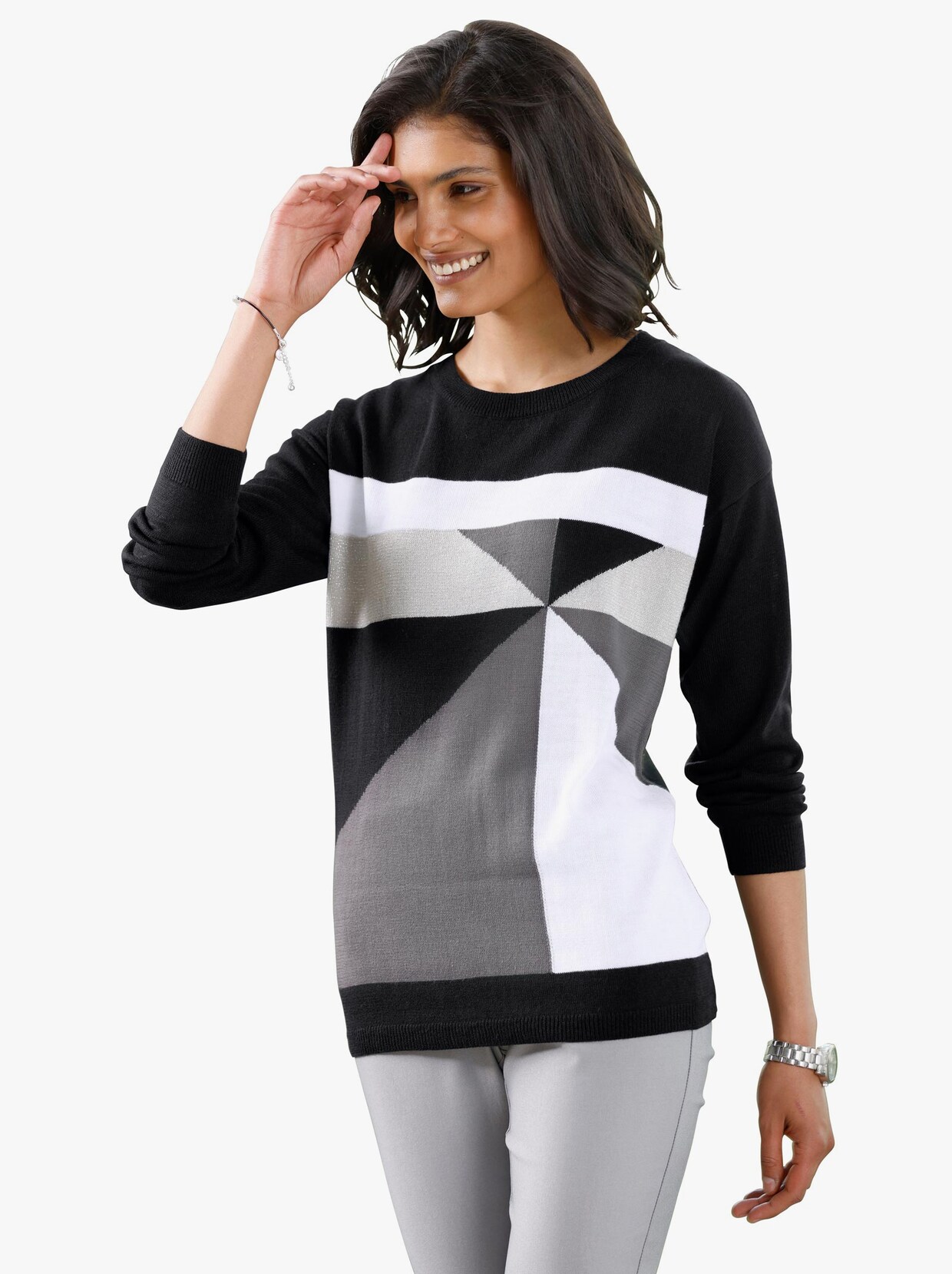 Langarm-Pullover - schwarz-weiß-gemustert