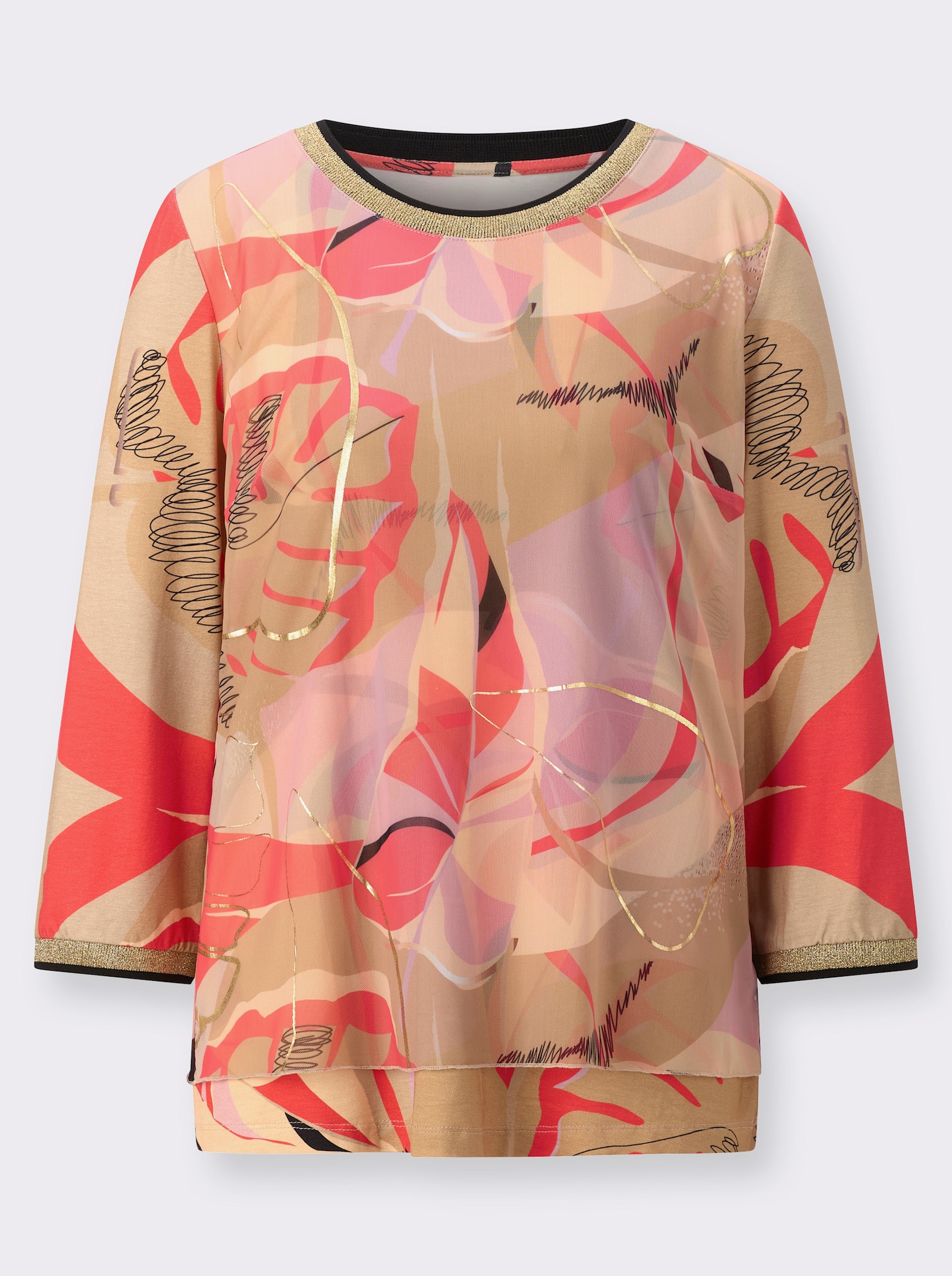 Shirt met 3/4-mouwen en folieprint - beige/apricot bedrukt