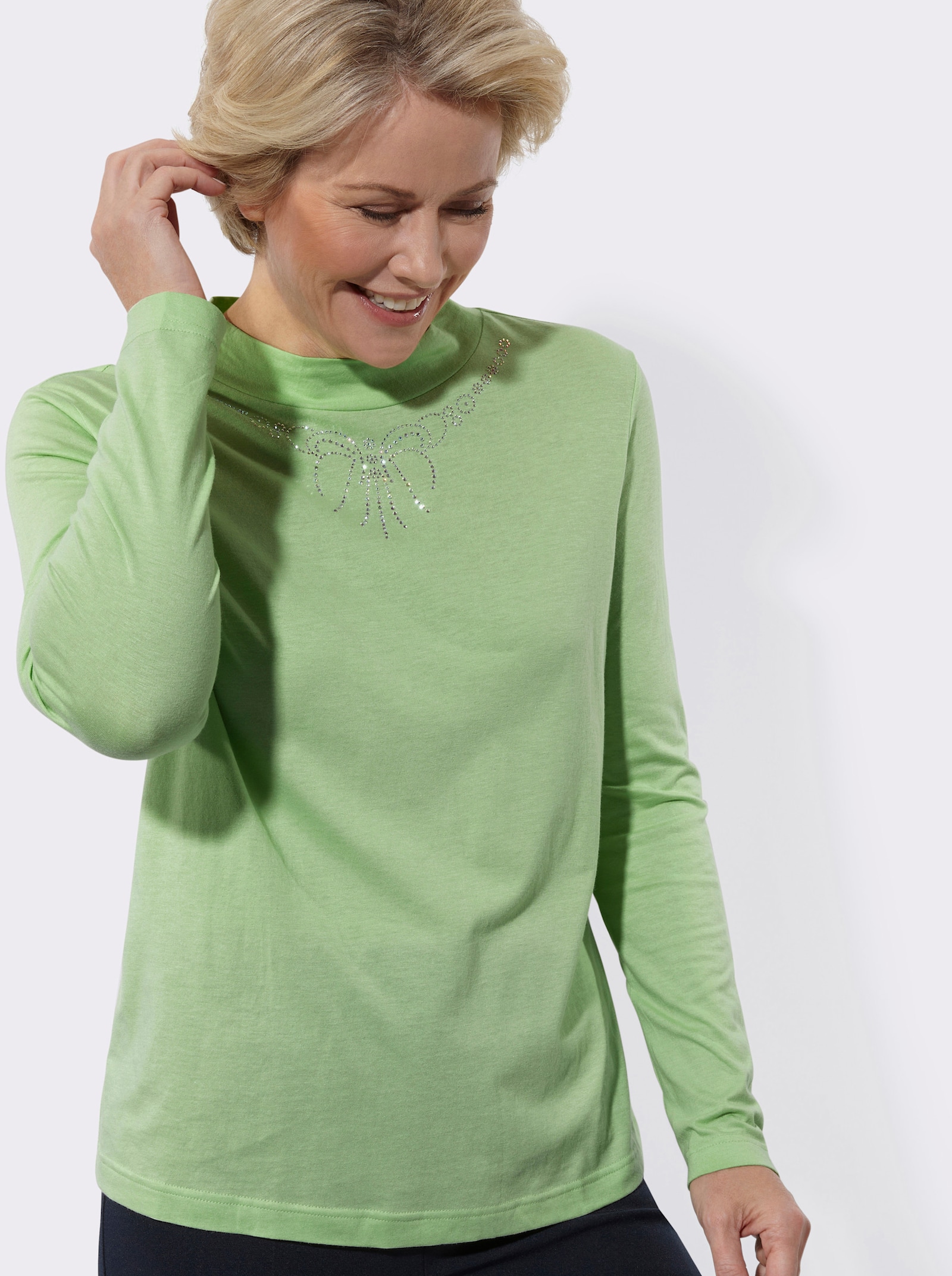 Stehkragenshirt mit Glitzersteinchen - reseda