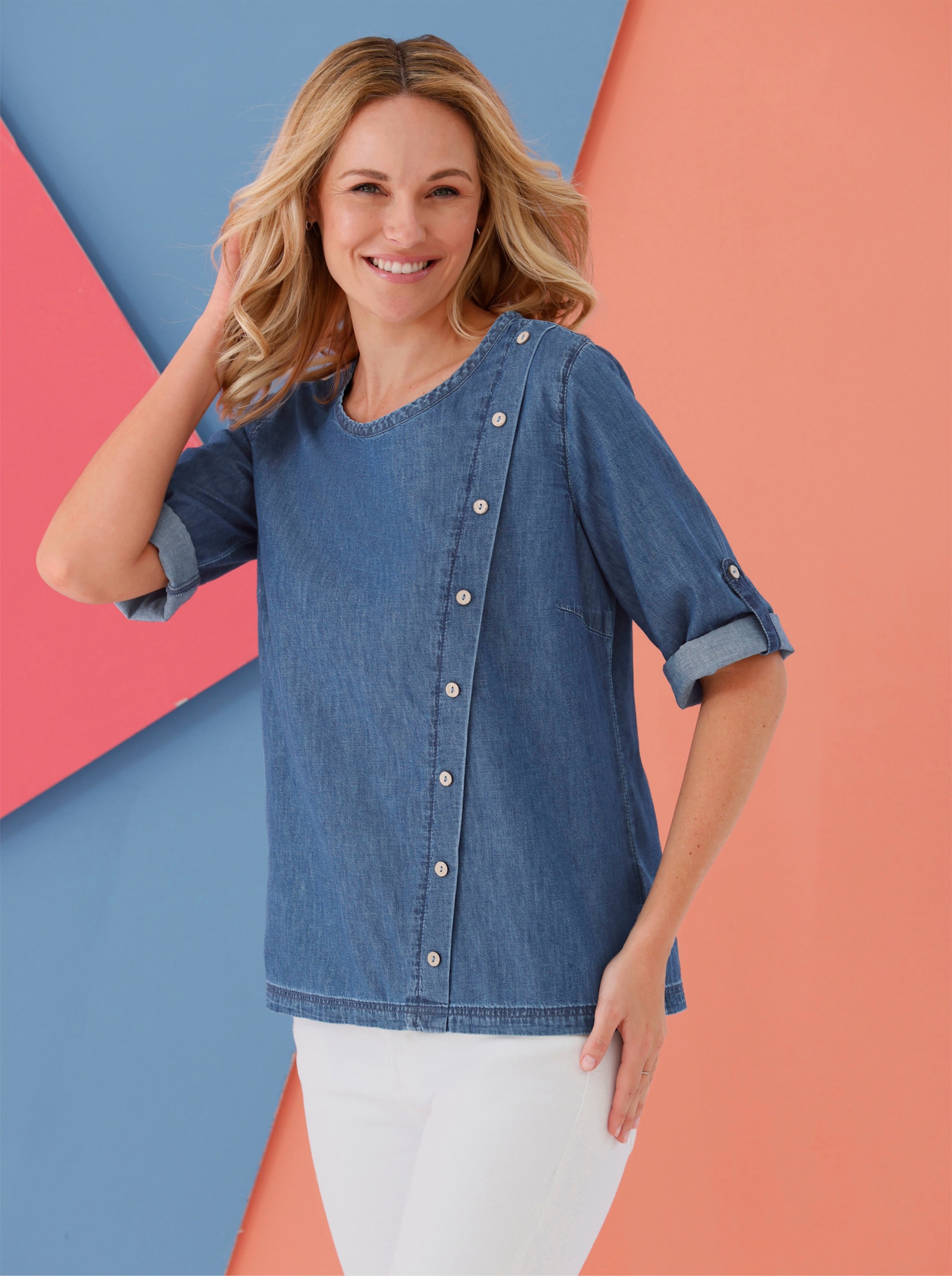 Jeansblouse met sierknoopsluiting - blue-stonewashed