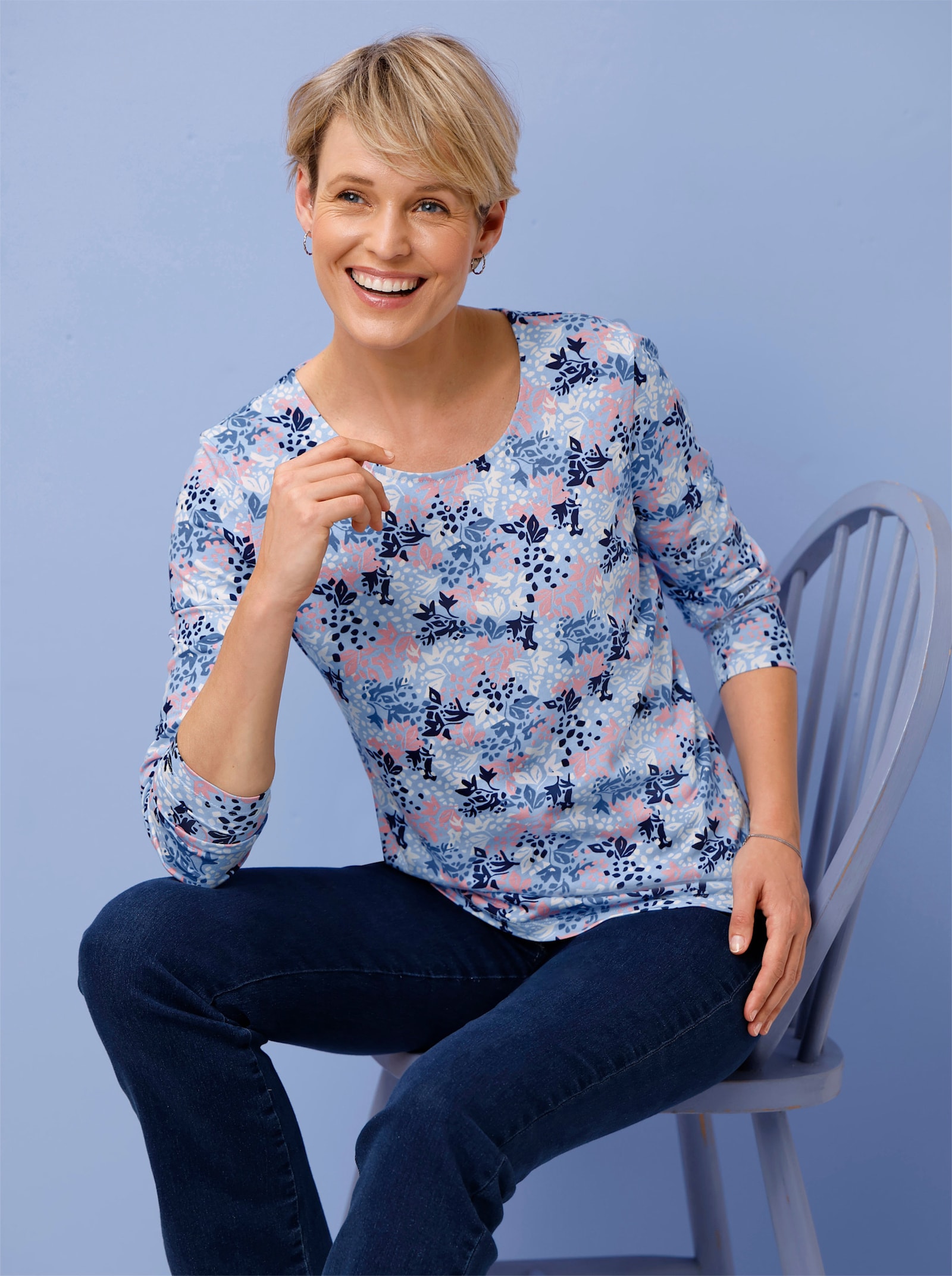 Langarmshirt mit Blumen-Muster - himmelblau-altrosa-bedruckt