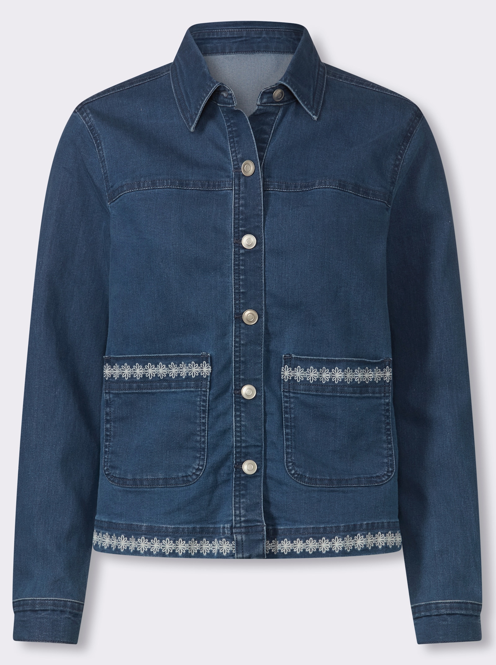 Jeansjacke mit Blütenstickerei - blue-stone-washed