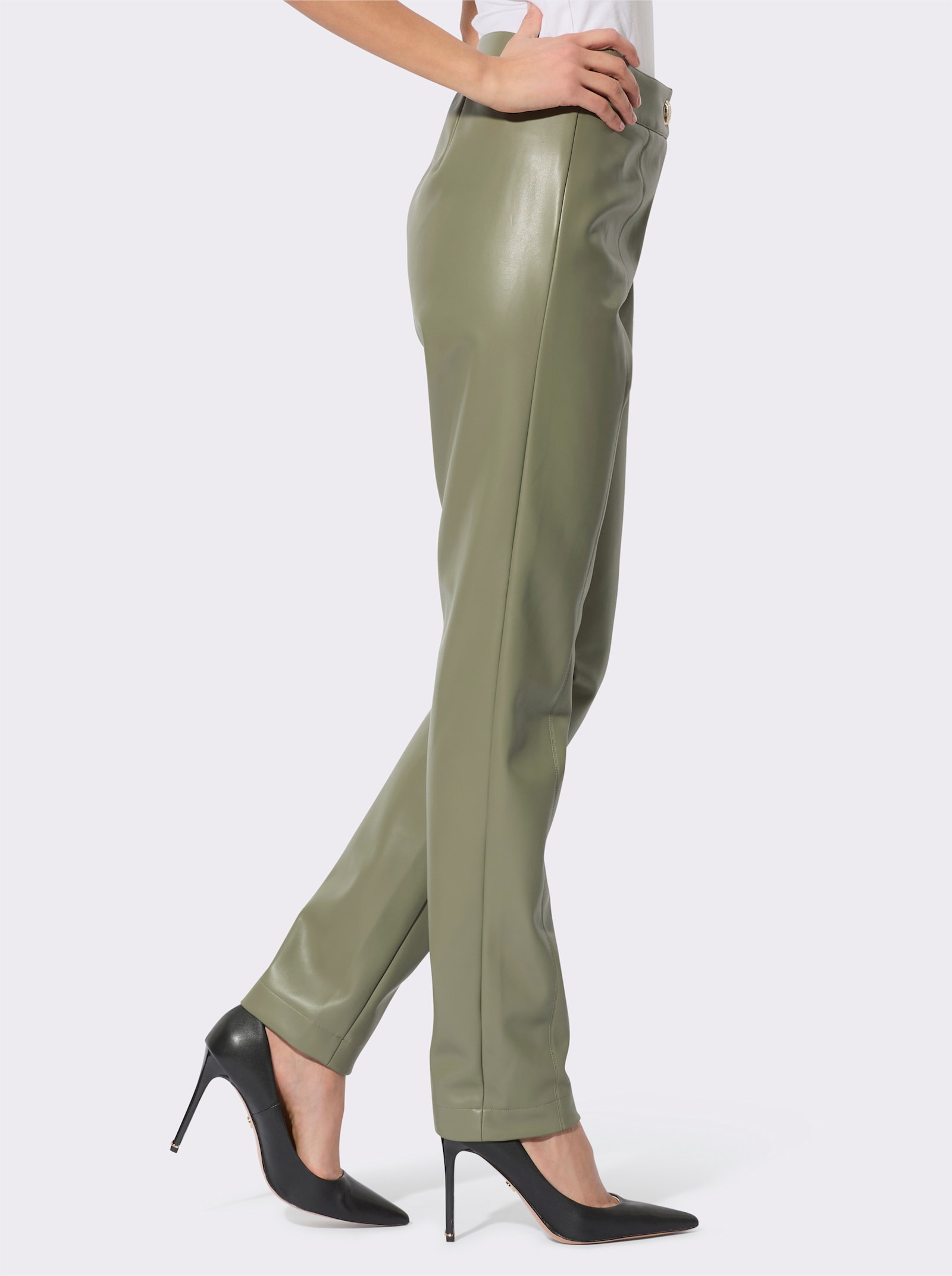 Pantalon en synthétique avec boutons fantaisie dorés - kaki