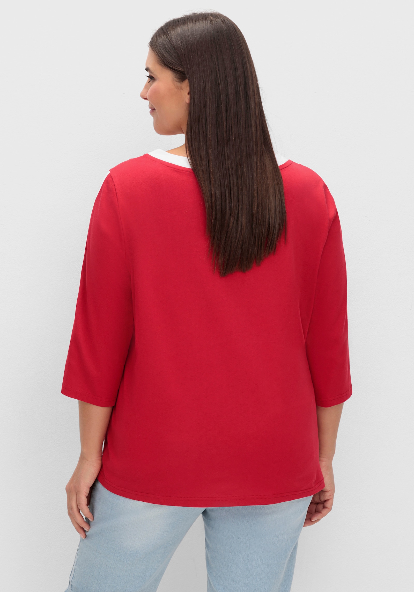 3/4-Arm-Shirt mit kontrastfarbenen Details - rot-weiß