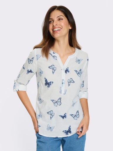 Baumwollbluse mit Schmetterlings-Print - weiß-marine-bedruckt