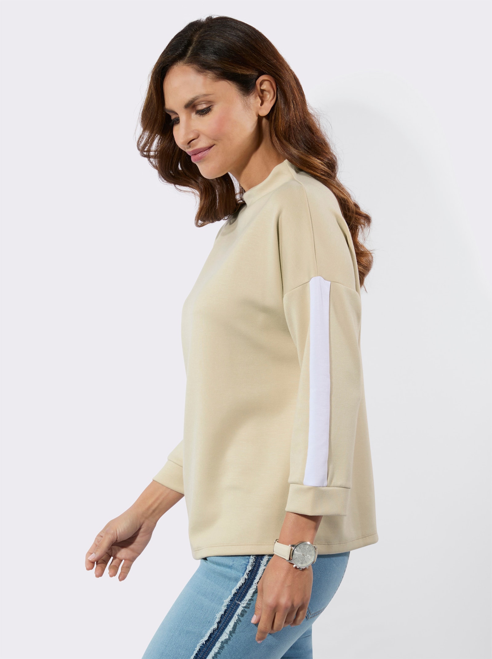 Stehkragenshirt mit Kontraststreifen - sand-weiss