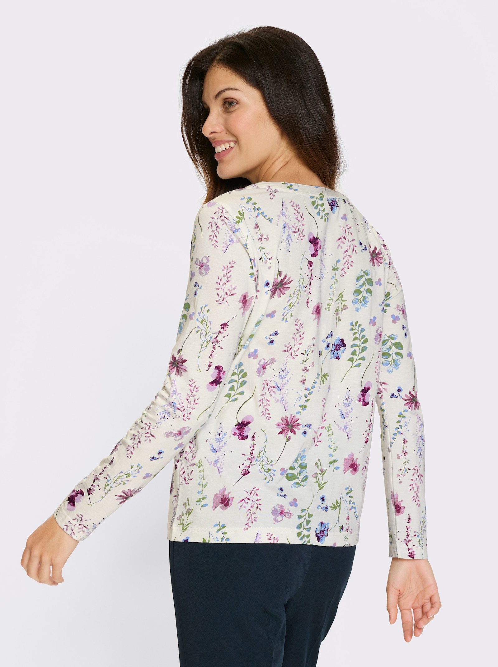 Shirt met lange mouwen en bloemenprint - ecru/heide geprint