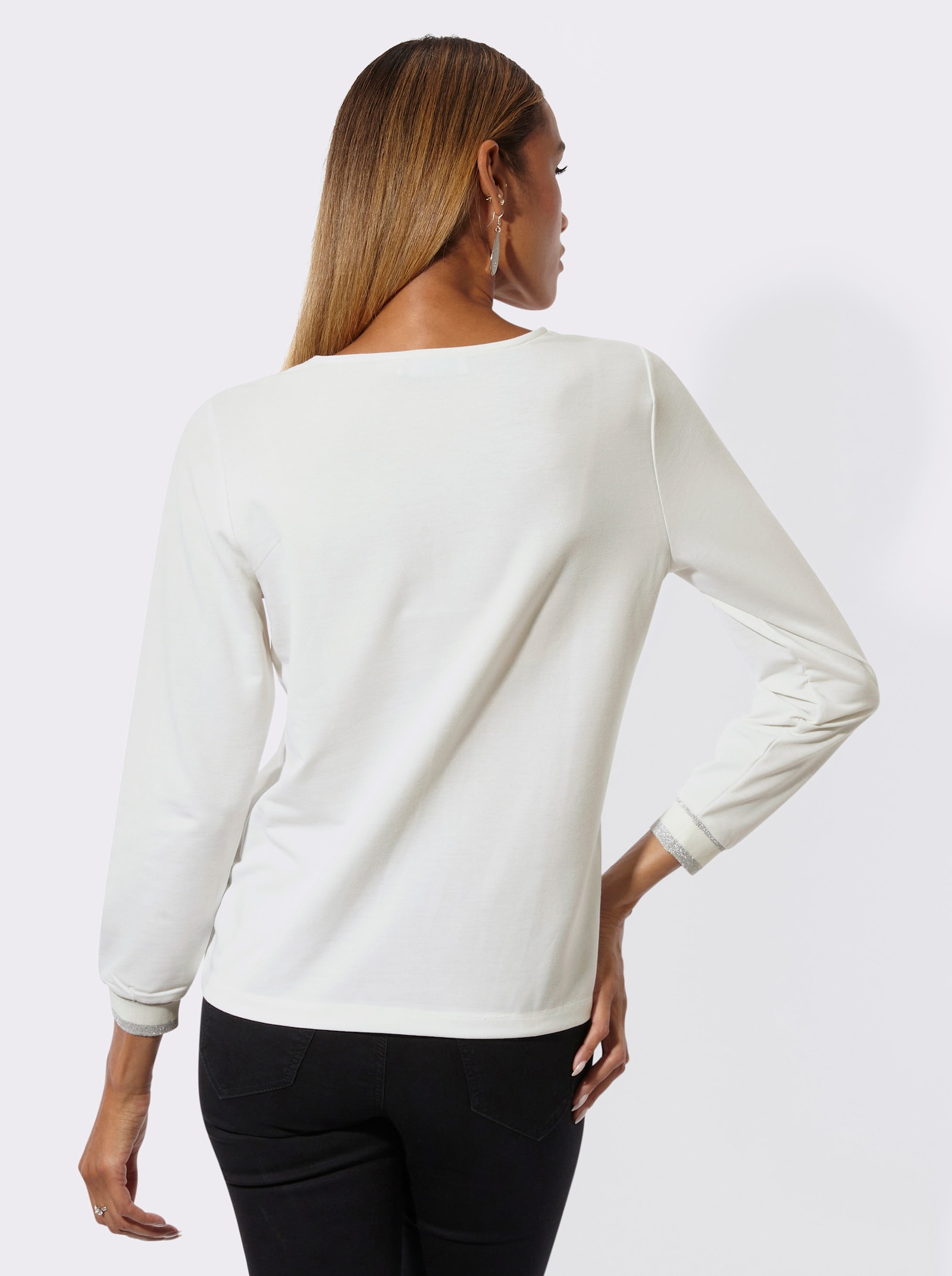 Langarmshirt mit Ziersteinchen - ecru-rosenholz-bedruckt