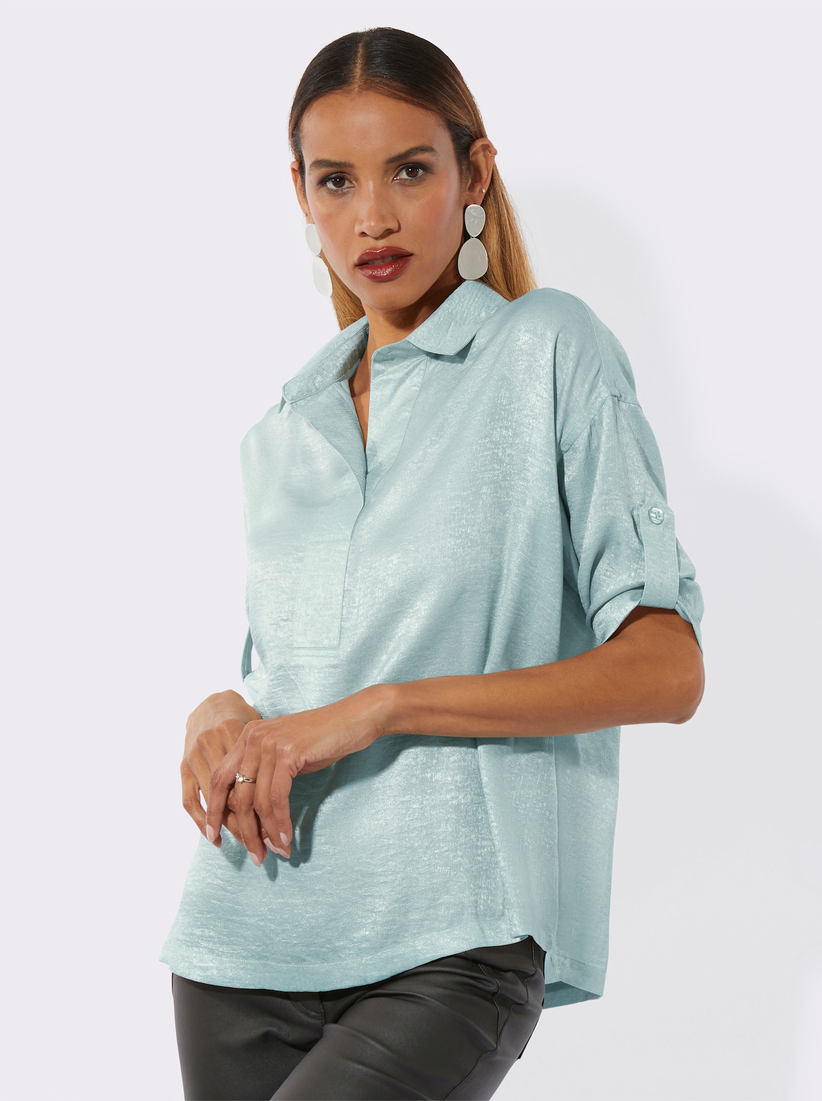 Overhemdblouse in glanzende kwaliteit - kalkmint/zilverkleurig