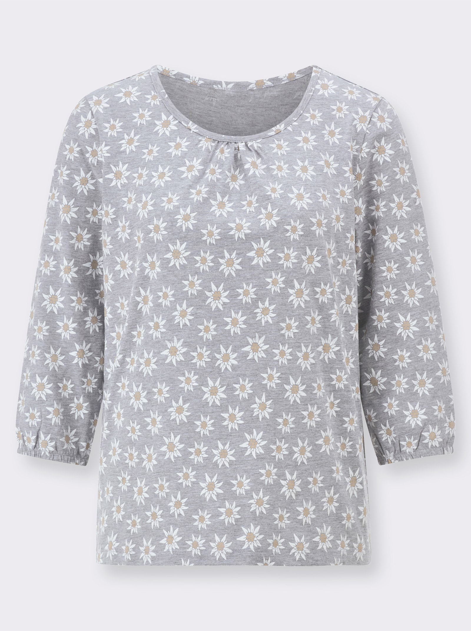 3/4-Arm-Shirt mit floralem Muster - grau-meliert-weiß-bedruckt