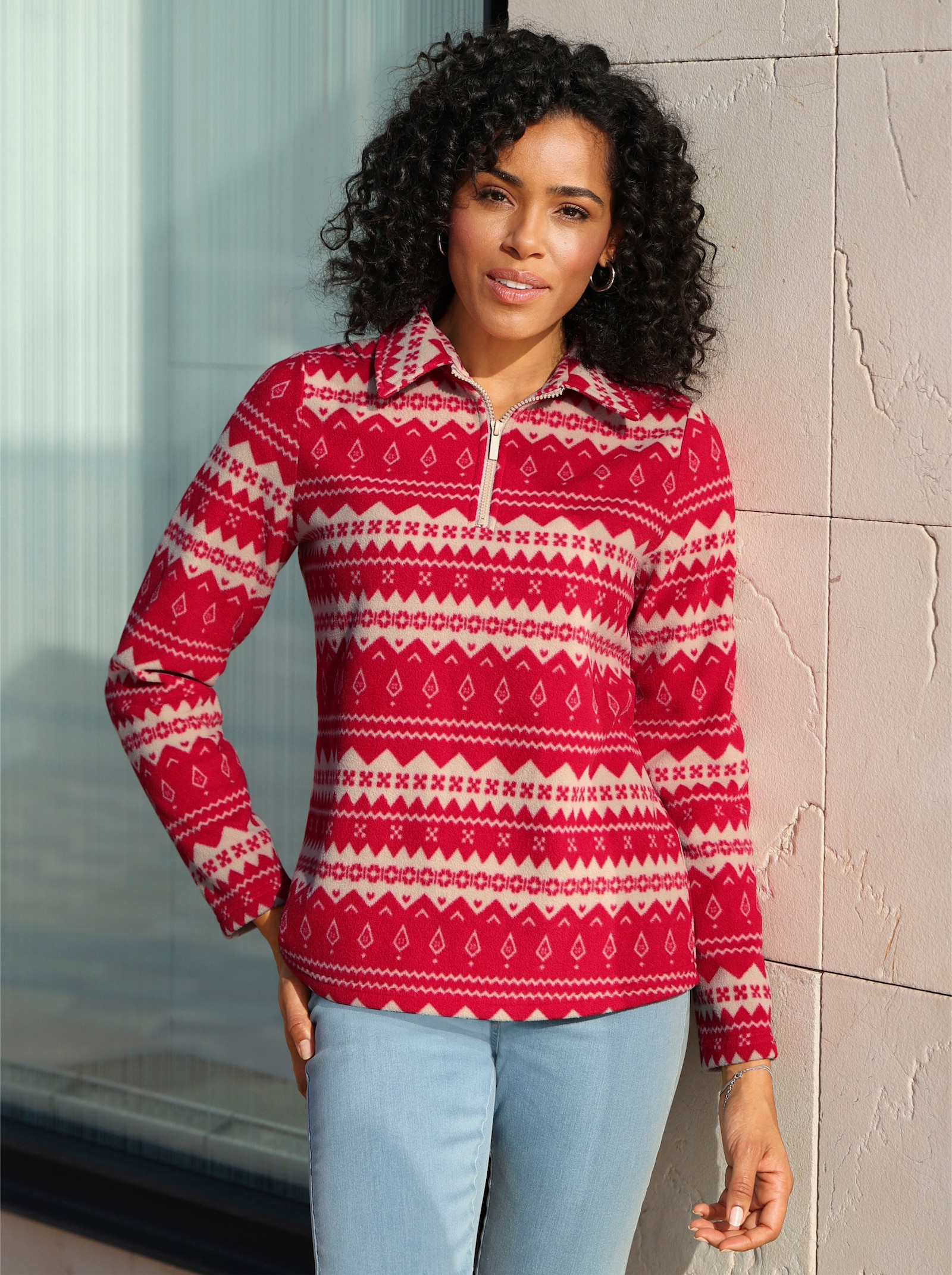 Fleeceshirt mit Streifen-Muster - rot-beige-bedruckt