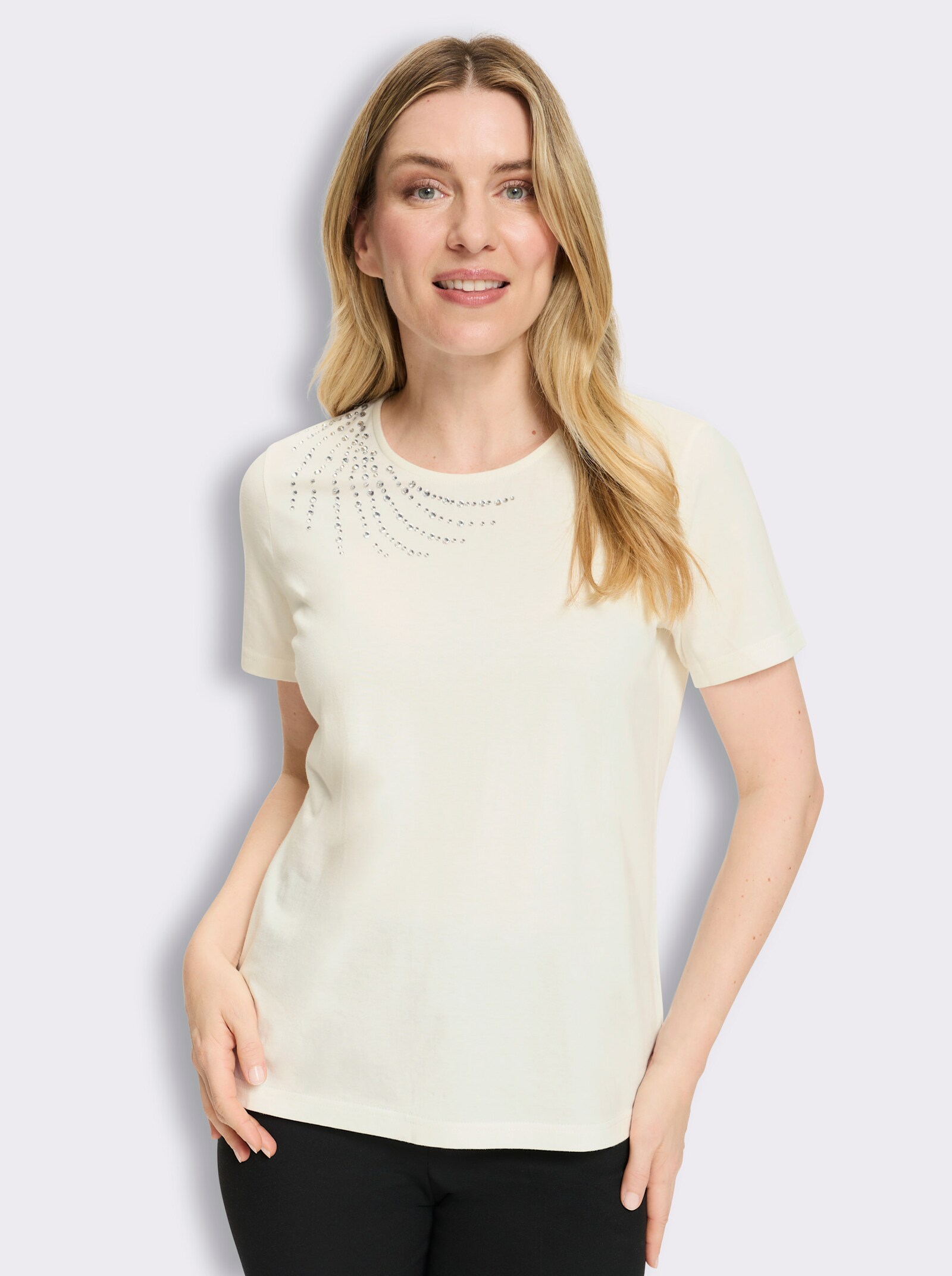 Kurzarmshirt mit Glitzersteinchen - ecru