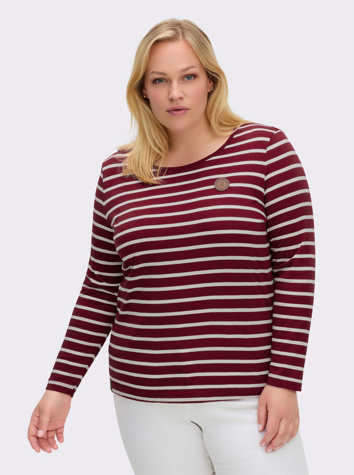 Ringelshirt mit Lederimitat-Patches - dunkelrot-ecru-gestreift