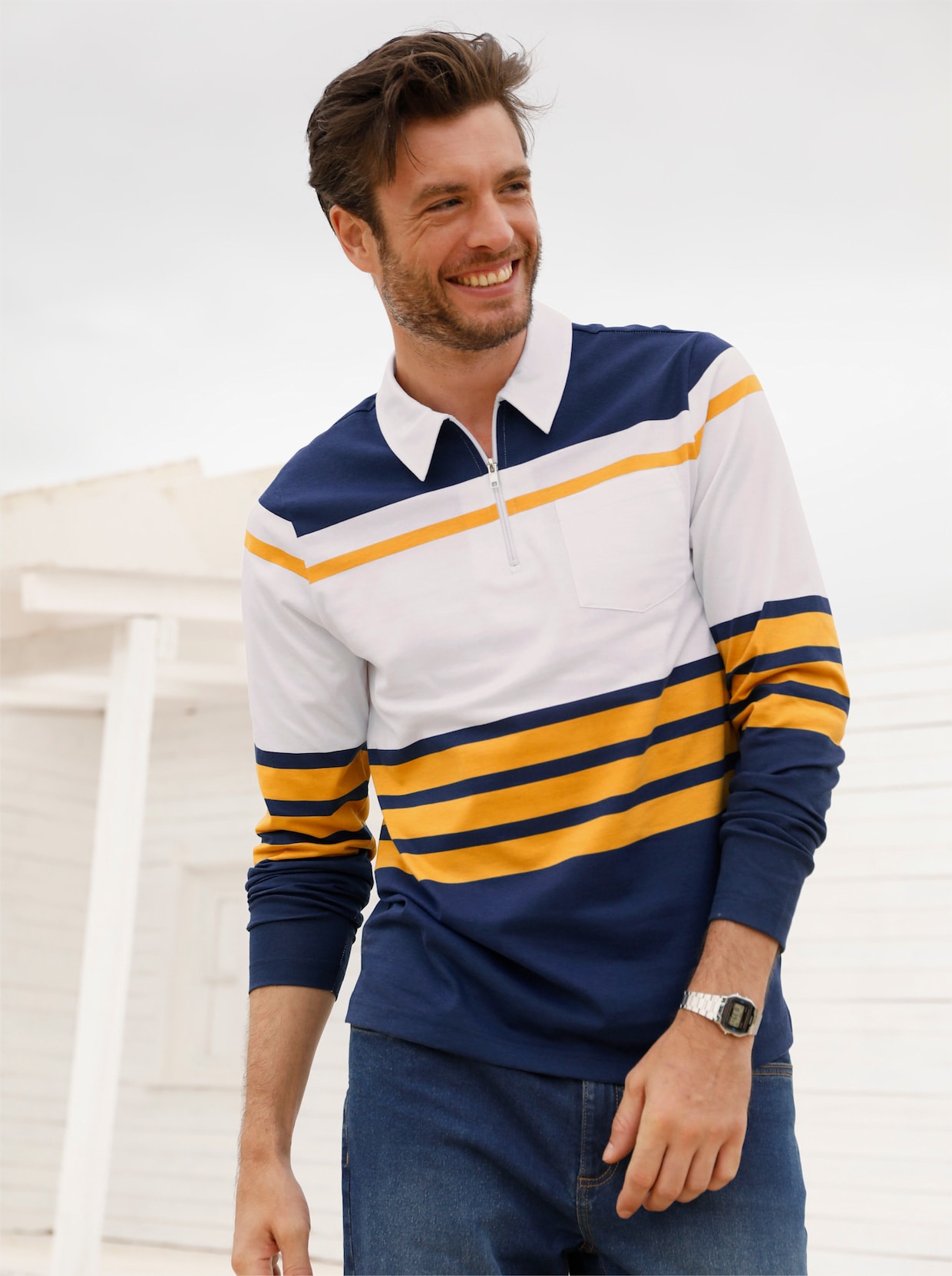 Catamaran Langarmshirt - dunkelblau-ocker-gestreift