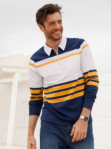 Catamaran Langarmshirt - dunkelblau-ocker-gestreift