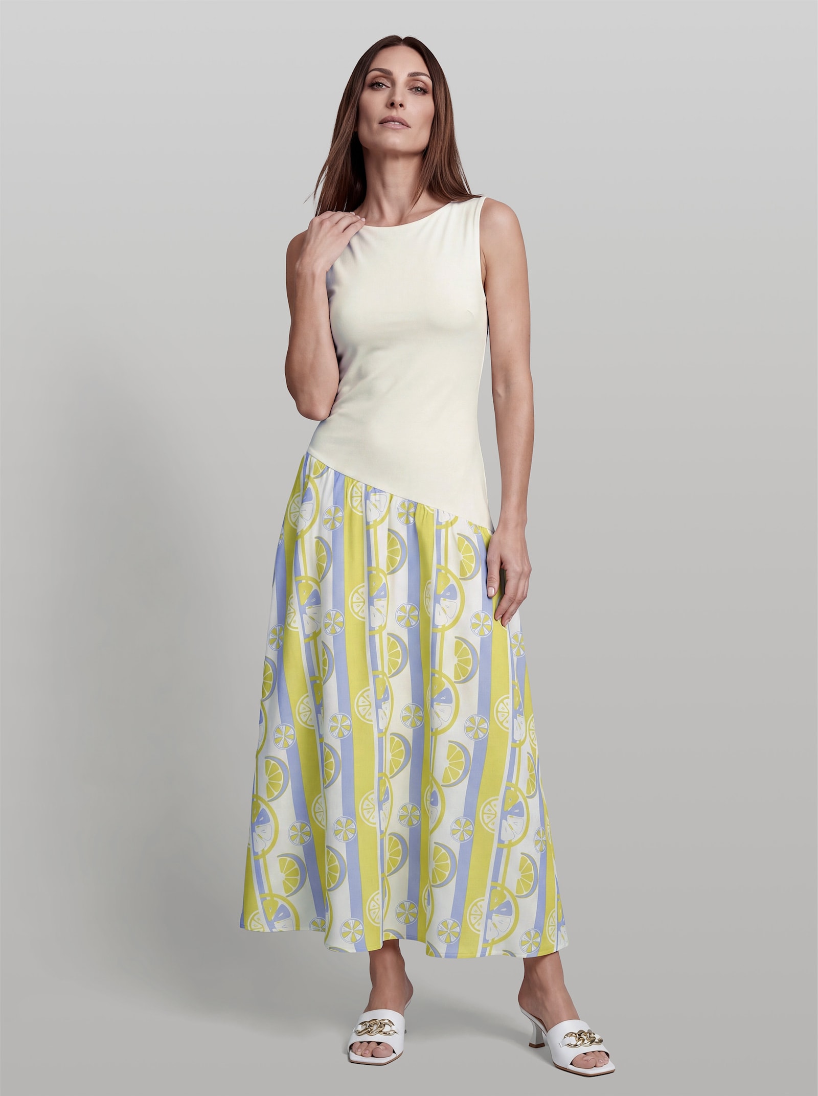 heine Sommerkleid im Materialmix - ecru-limone-bedruckt