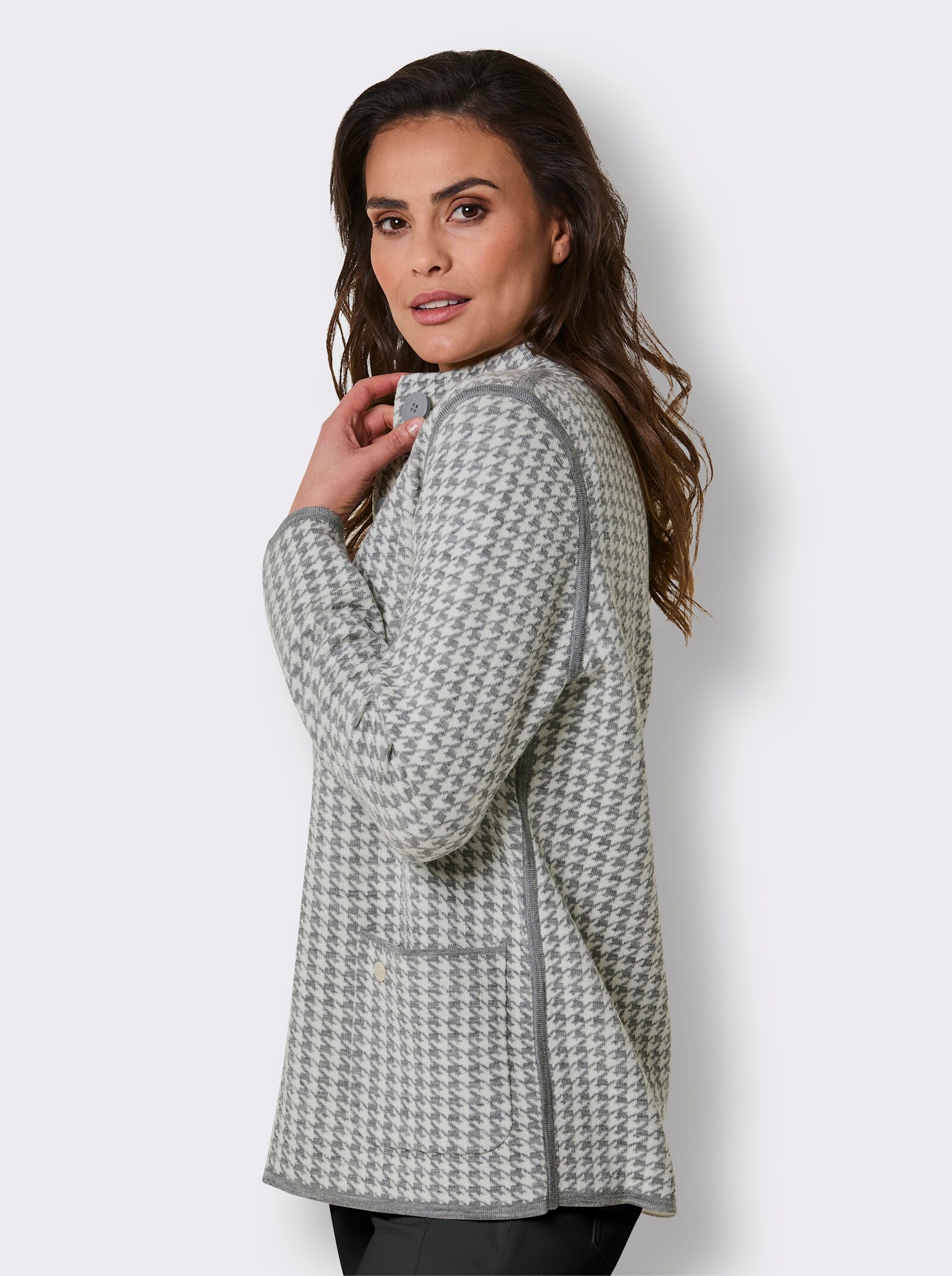 CREATION L PREMIUM Jacquardstrickjacke mit Merinowolle - steingrau-champagner-gemustert