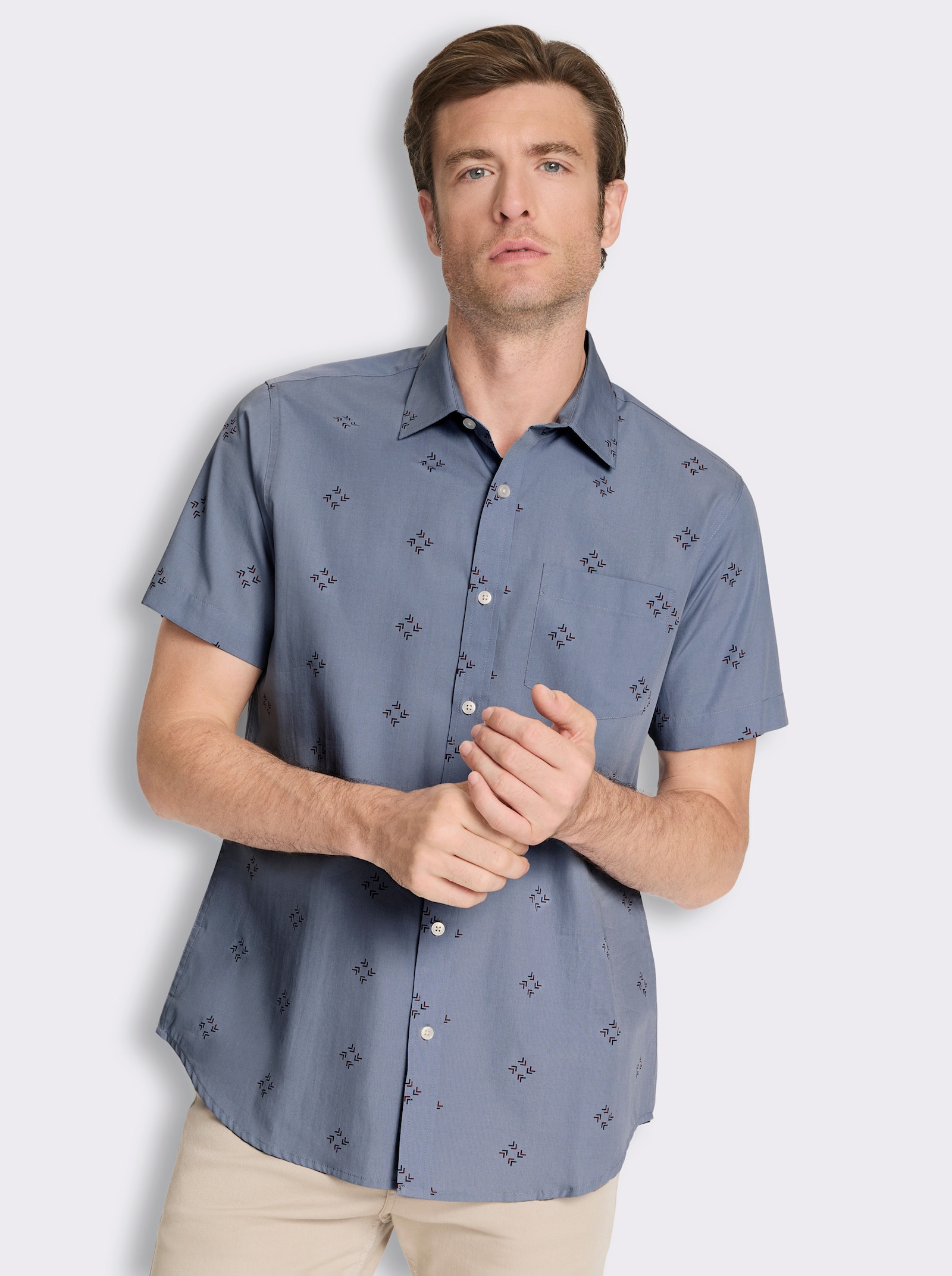 Kurzarmhemd mit Allover-Print - taubenblau