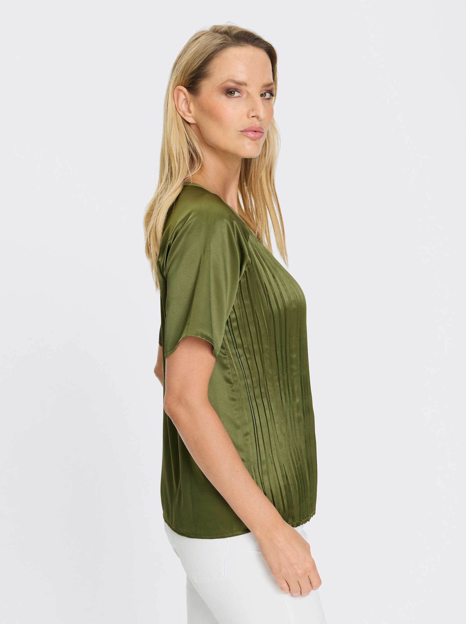 heine Kurzarmbluse mit Plissee-Falten - oliv