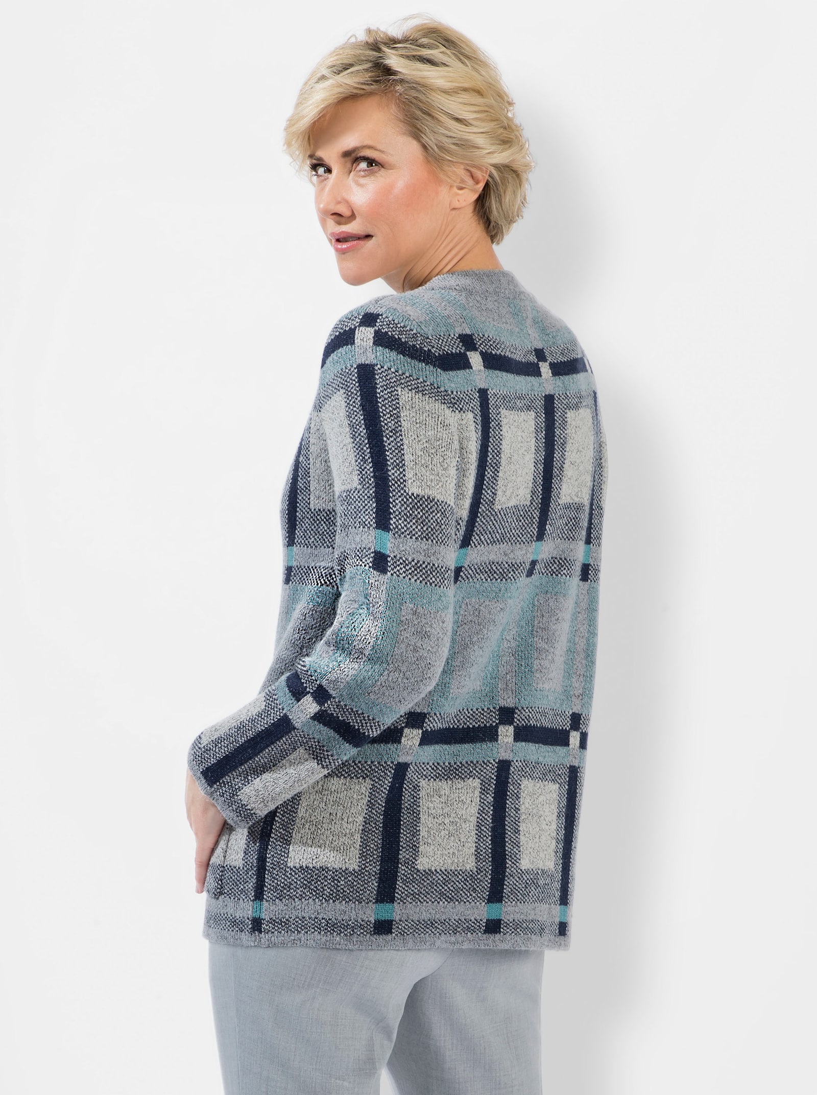 Strickjacke im Jacquard-Dessin - steingrau-ozean-gemustert