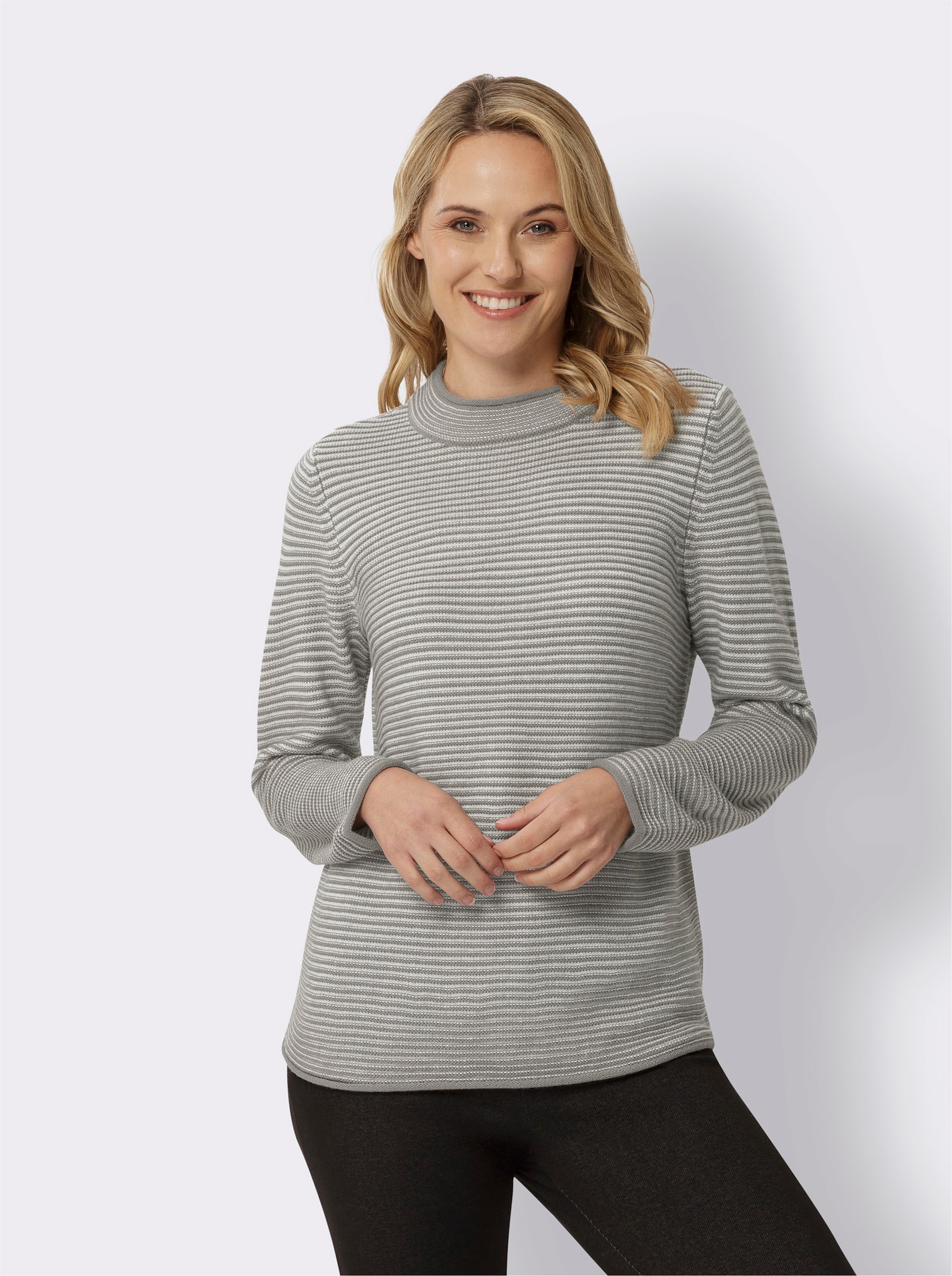 Stehkragenpullover mit Streifen-Muster - grau-ecru-geringelt
